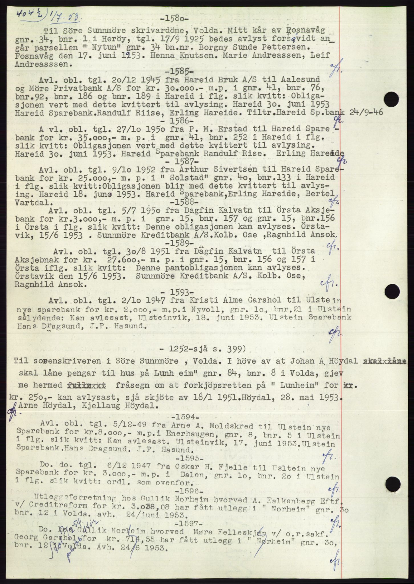 Søre Sunnmøre sorenskriveri, AV/SAT-A-4122/1/2/2C/L0072: Mortgage book no. 66, 1941-1955, Diary no: : 1580/1953