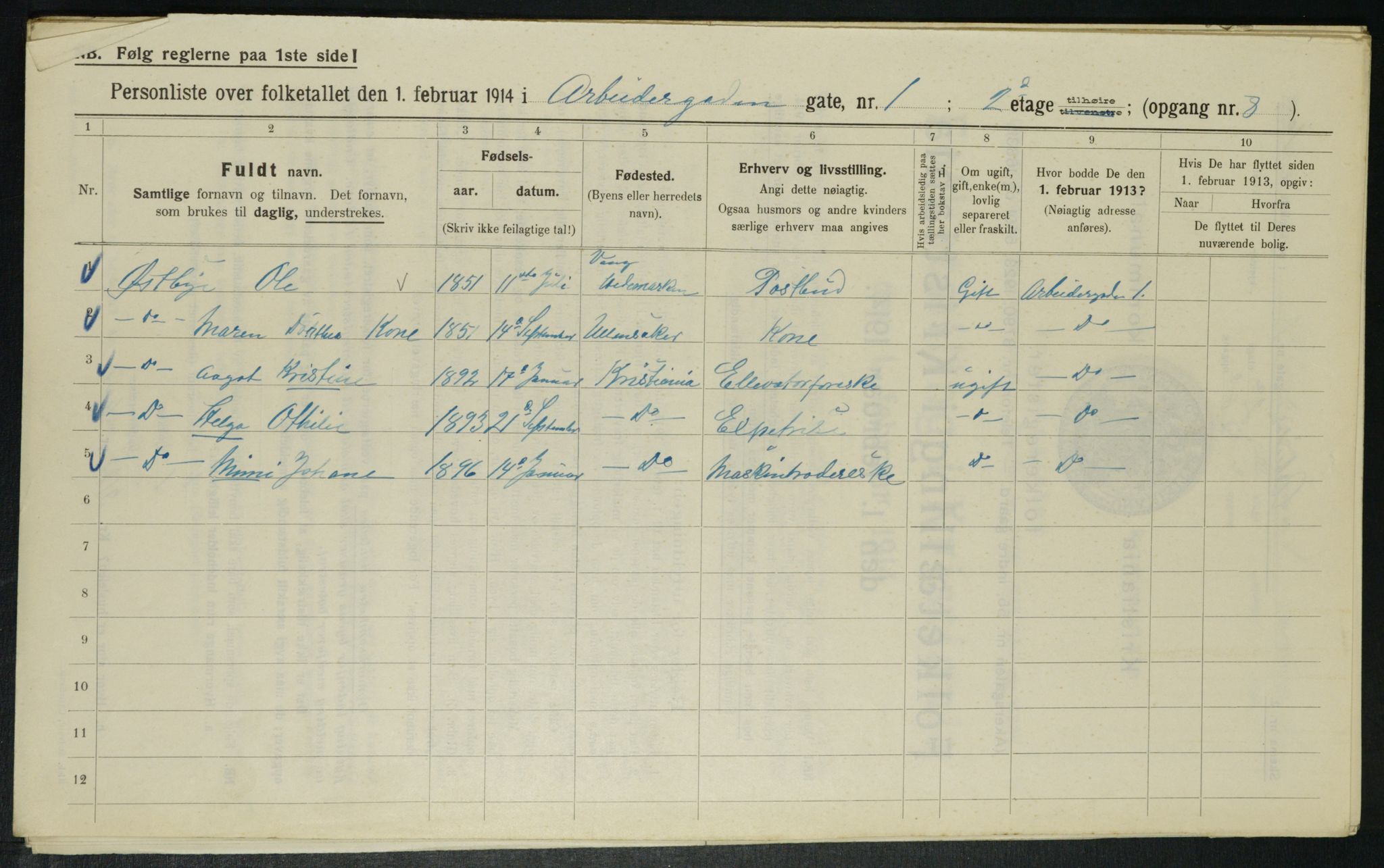 OBA, Municipal Census 1914 for Kristiania, 1914, p. 1480
