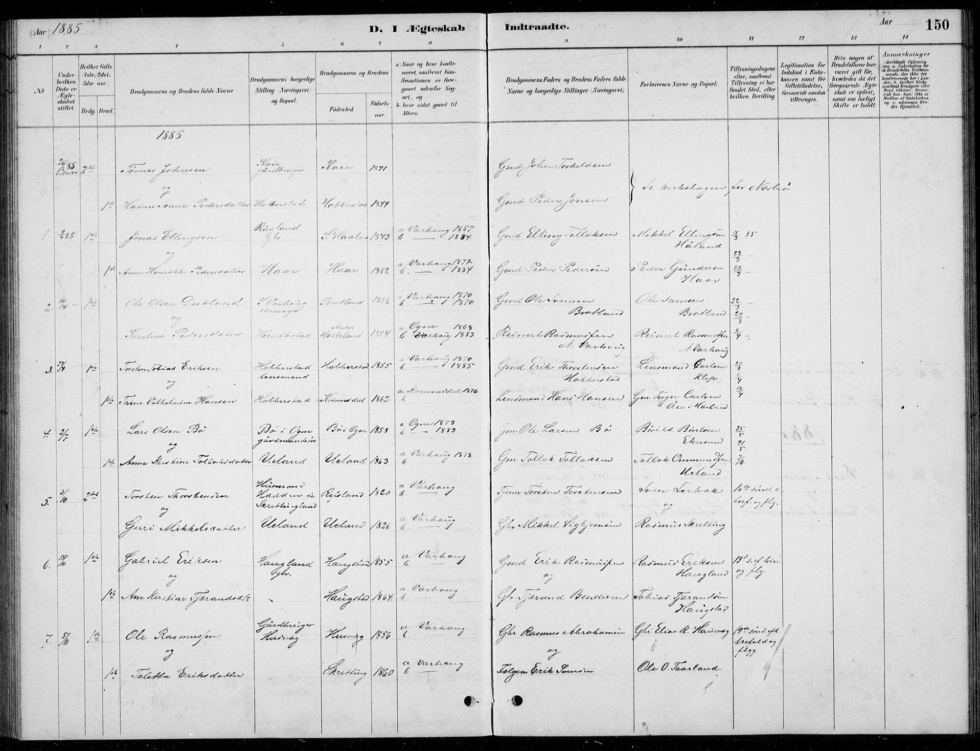 Hå sokneprestkontor, AV/SAST-A-101801/001/30BB/L0004: Parish register (copy) no. B 4, 1883-1899, p. 150