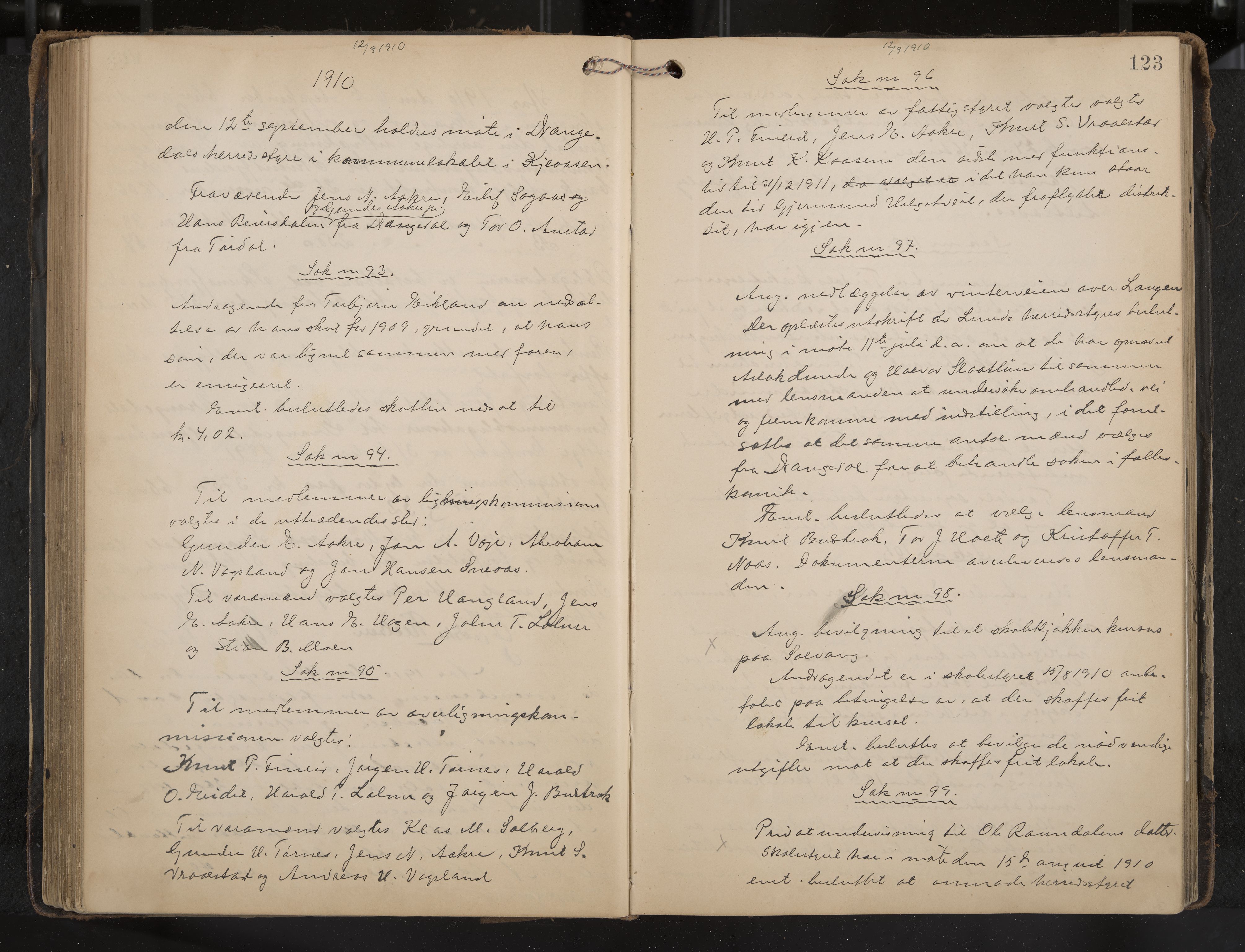 Drangedal formannskap og sentraladministrasjon, IKAK/0817021/A/L0004: Møtebok, 1907-1914, p. 123