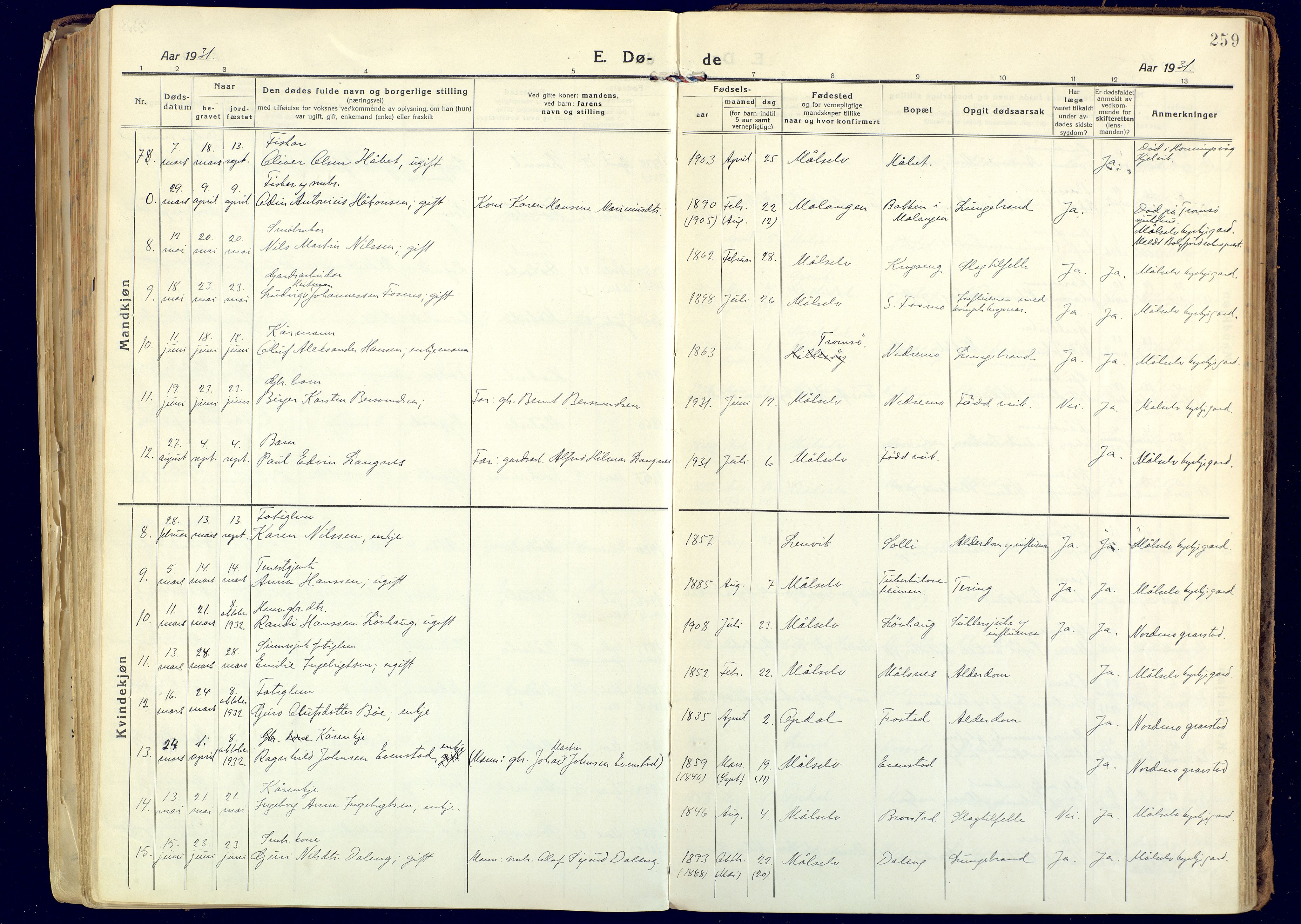 Målselv sokneprestembete, AV/SATØ-S-1311/G/Ga/Gaa/L0014kirke: Parish register (official) no. 14, 1919-1932, p. 259