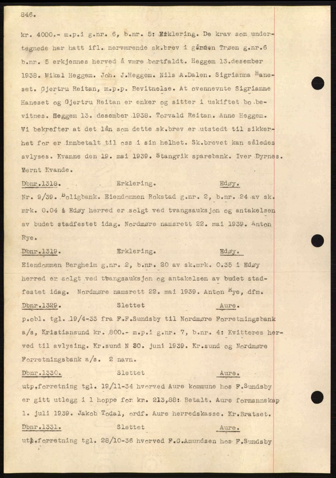 Nordmøre sorenskriveri, AV/SAT-A-4132/1/2/2Ca: Mortgage book no. C80, 1936-1939, Diary no: : 1318/1939