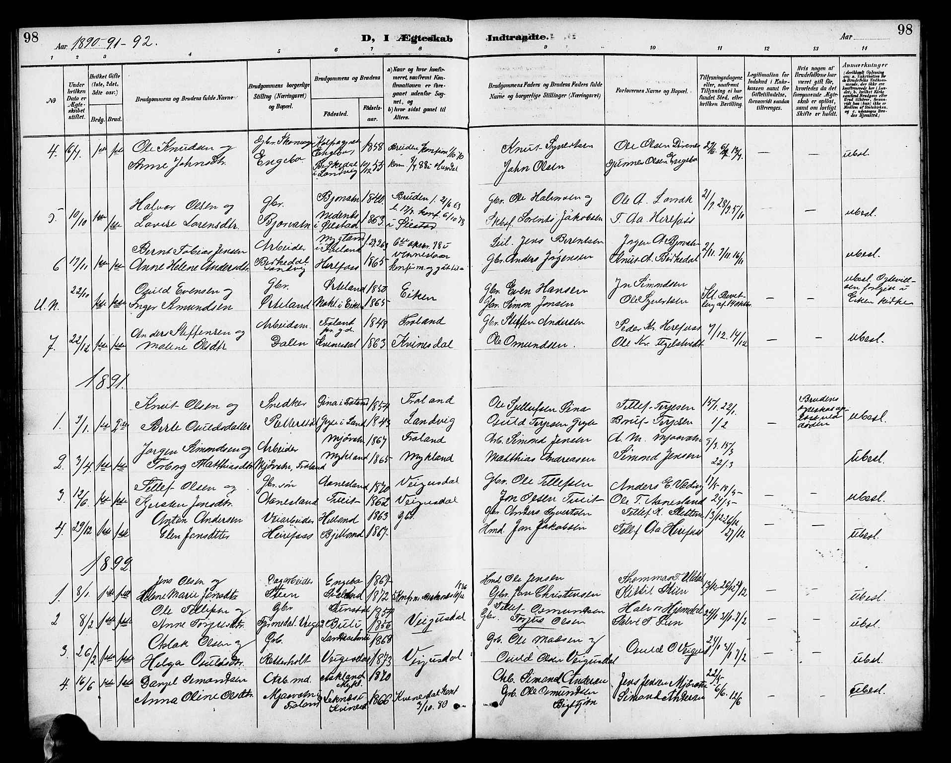 Herefoss sokneprestkontor, AV/SAK-1111-0019/F/Fb/Fba/L0003: Parish register (copy) no. B 3, 1887-1925, p. 98