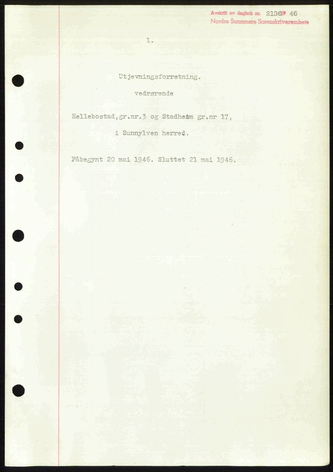 Nordre Sunnmøre sorenskriveri, AV/SAT-A-0006/1/2/2C/2Ca: Mortgage book no. A23, 1946-1947, Diary no: : 2136/1946