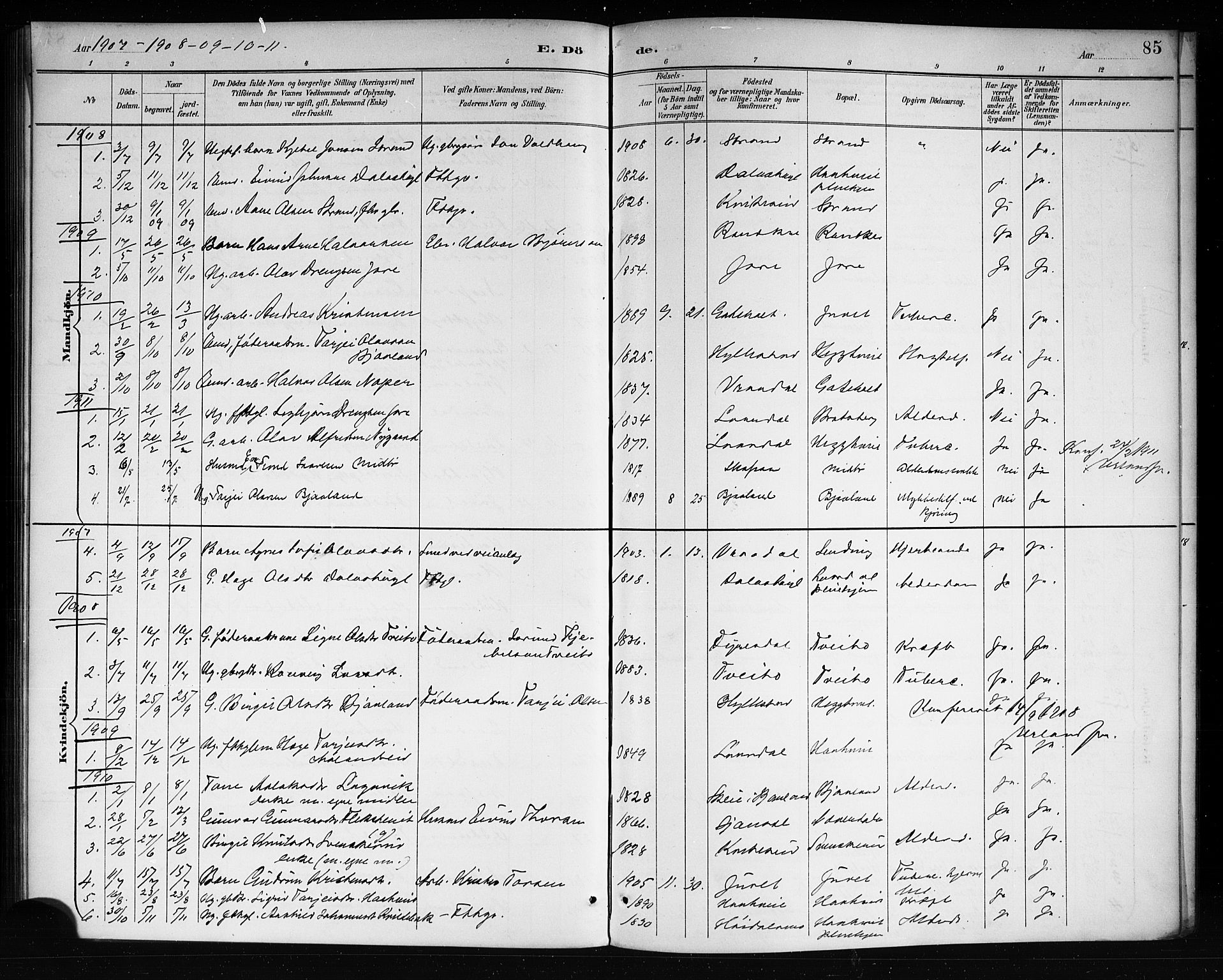 Lårdal kirkebøker, AV/SAKO-A-284/G/Ga/L0003: Parish register (copy) no. I 3, 1891-1918, p. 85