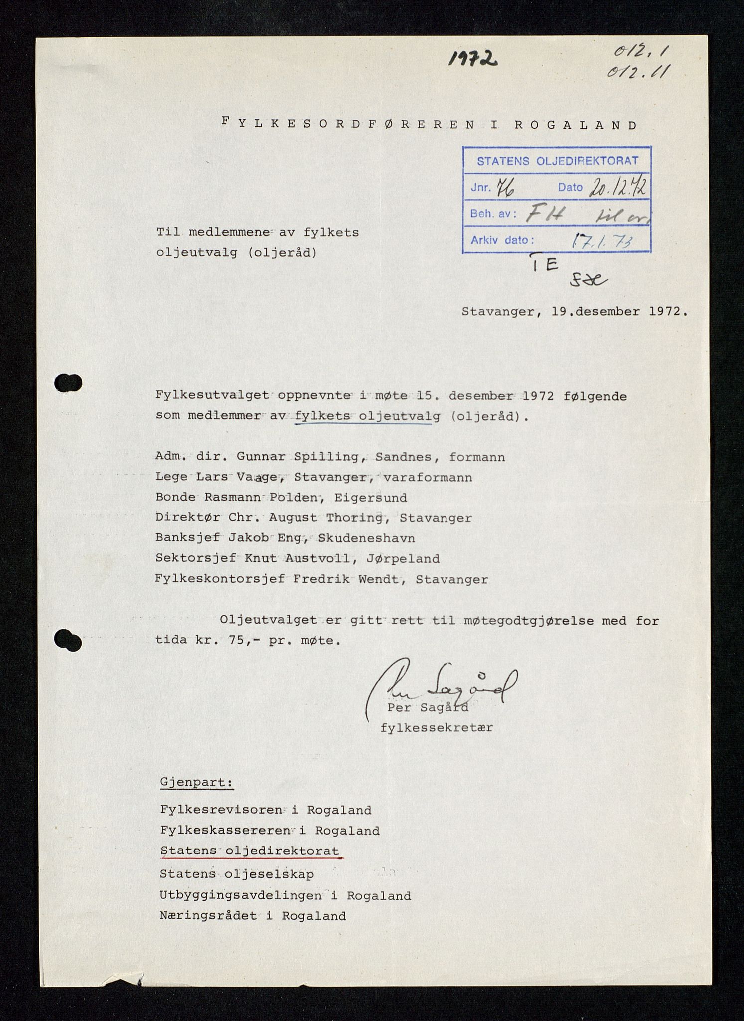 Industridepartementet, Oljekontoret, AV/SAST-A-101348/Db/L0002: Oljevernrådet, Styret i OD, leieforhold, div., 1966-1973, p. 276