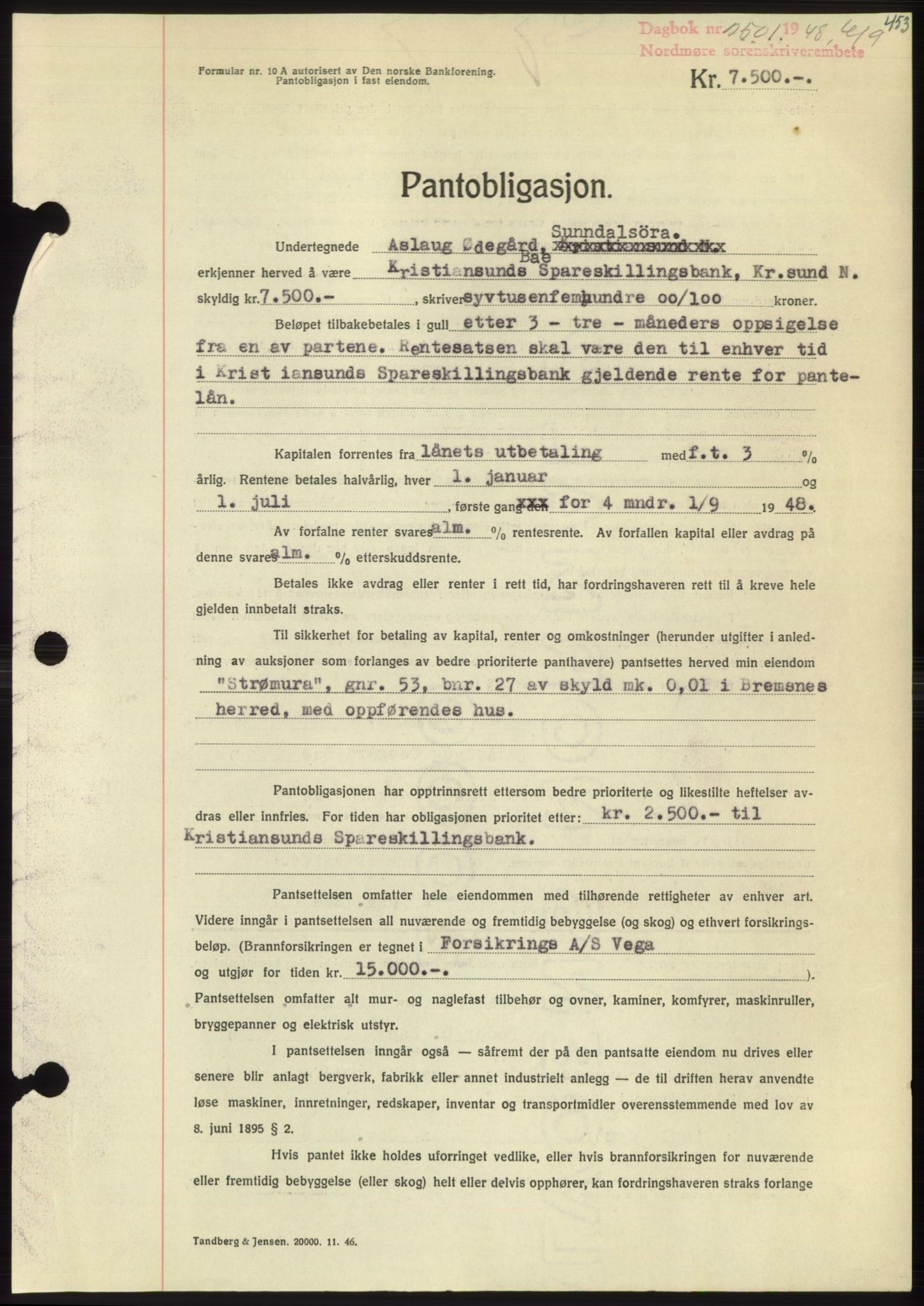 Nordmøre sorenskriveri, AV/SAT-A-4132/1/2/2Ca: Mortgage book no. B99, 1948-1948, Diary no: : 2501/1948