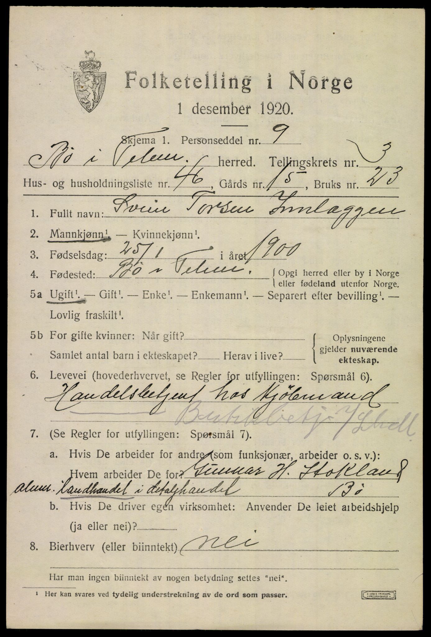 SAKO, 1920 census for Bø (Telemark), 1920, p. 3190