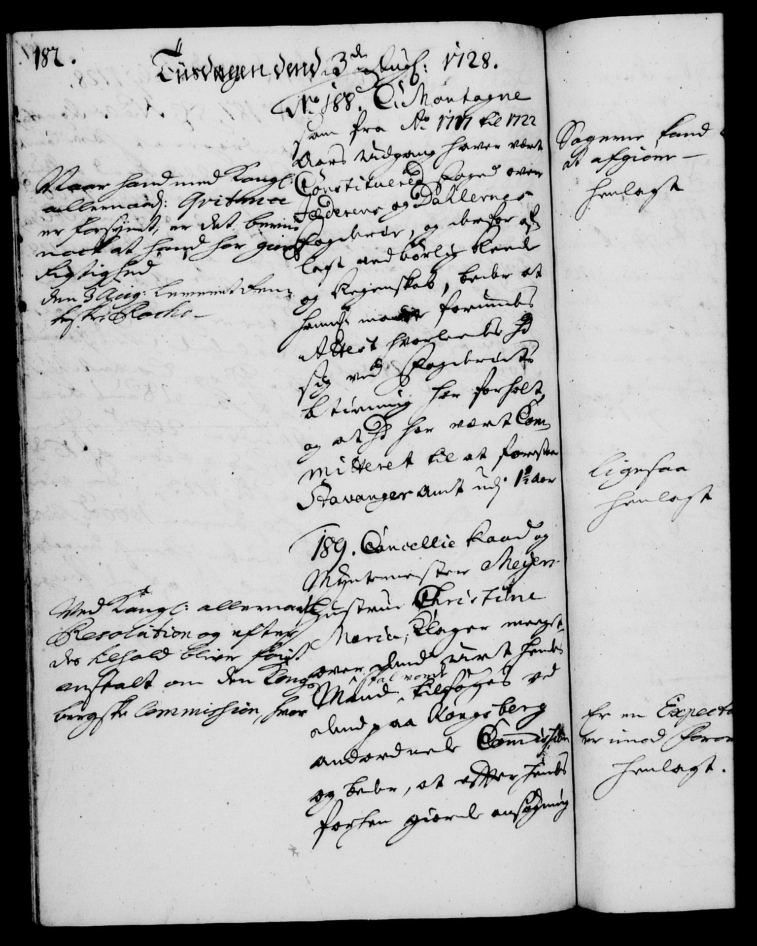 Rentekammeret, Kammerkanselliet, RA/EA-3111/G/Gh/Gha/L0010: Norsk ekstraktmemorialprotokoll (merket RK 53.55), 1728, p. 182