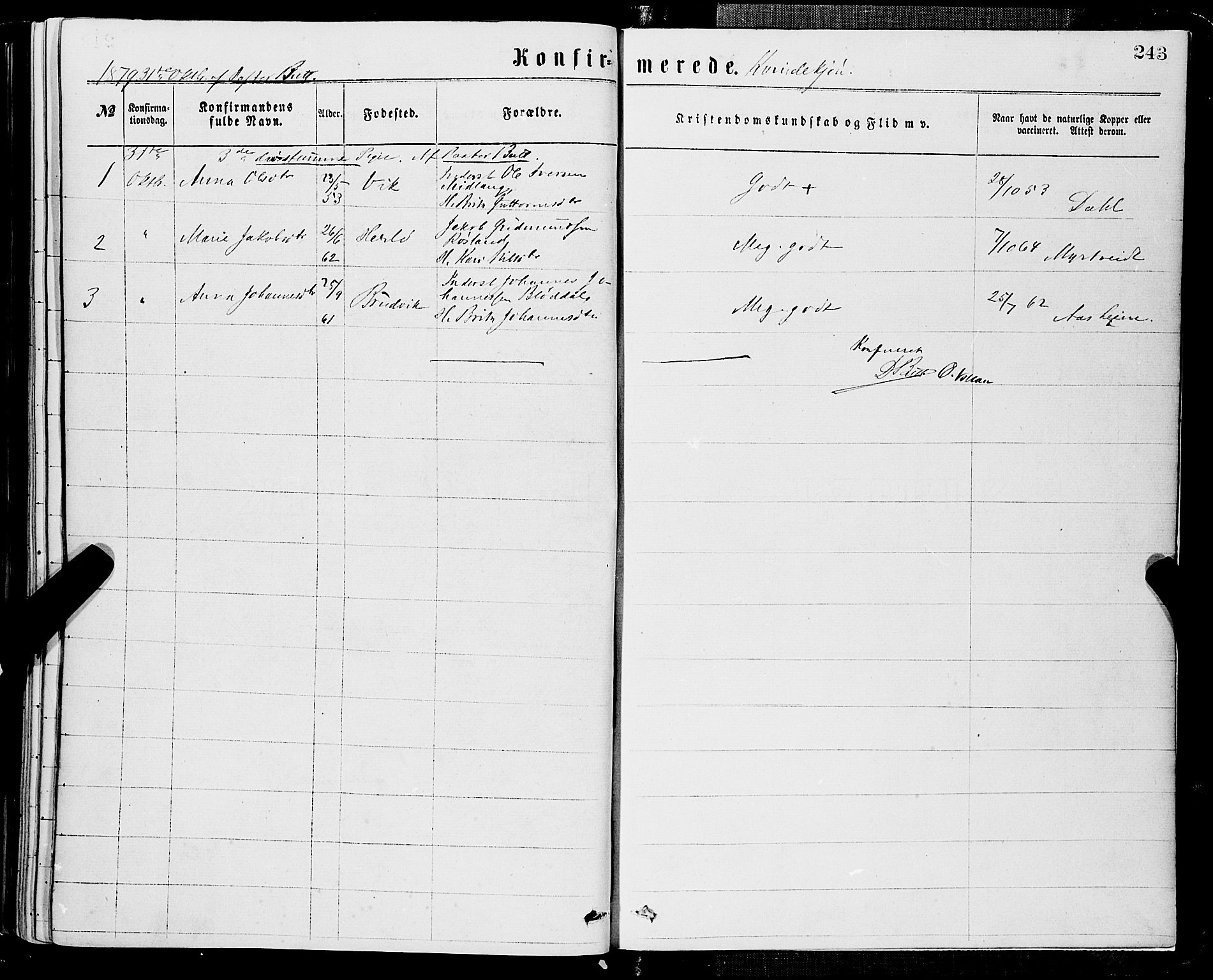 Domkirken sokneprestembete, SAB/A-74801/H/Haa/L0029: Parish register (official) no. C 4, 1864-1879, p. 243