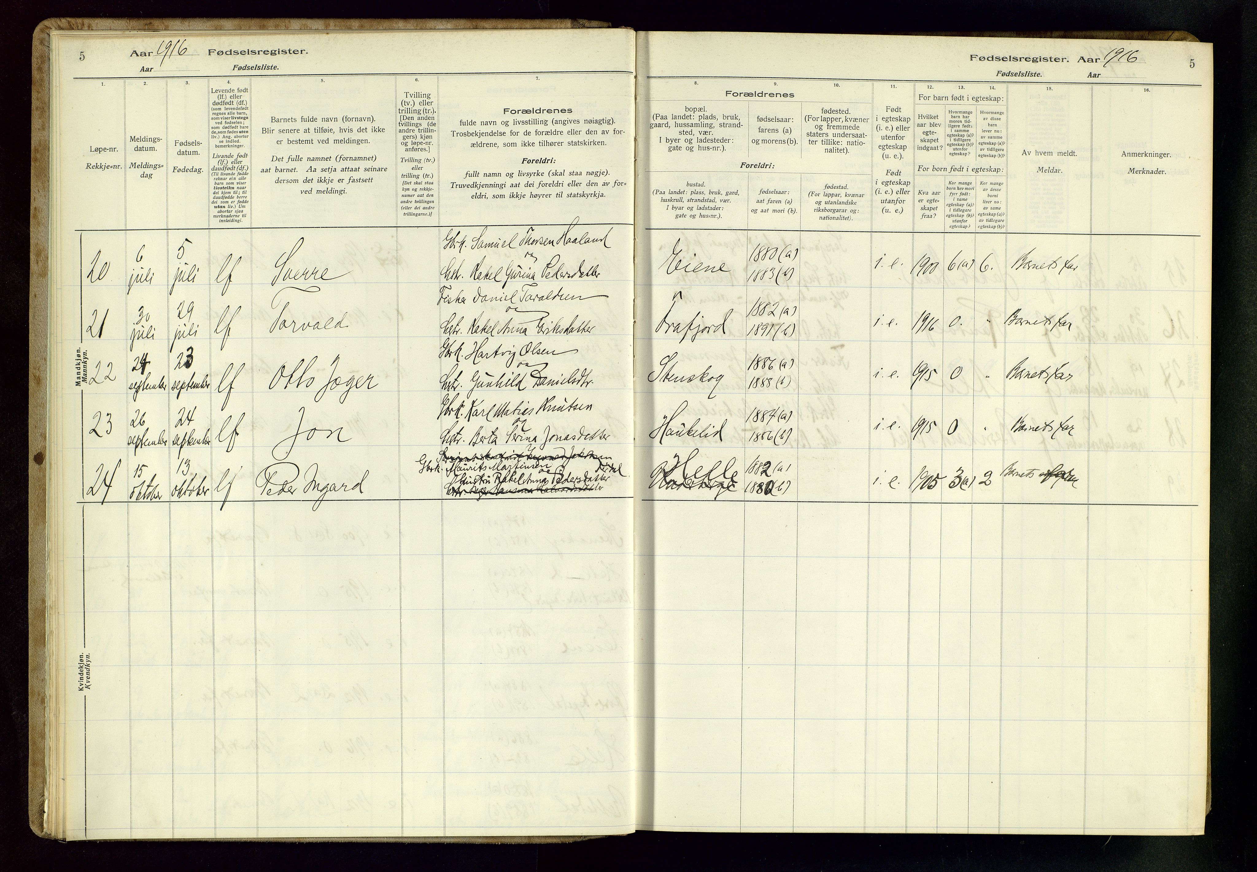 Høgsfjord sokneprestkontor, AV/SAST-A-101624/I/Id/L0002: Birth register no. 2, 1916-1959, p. 5