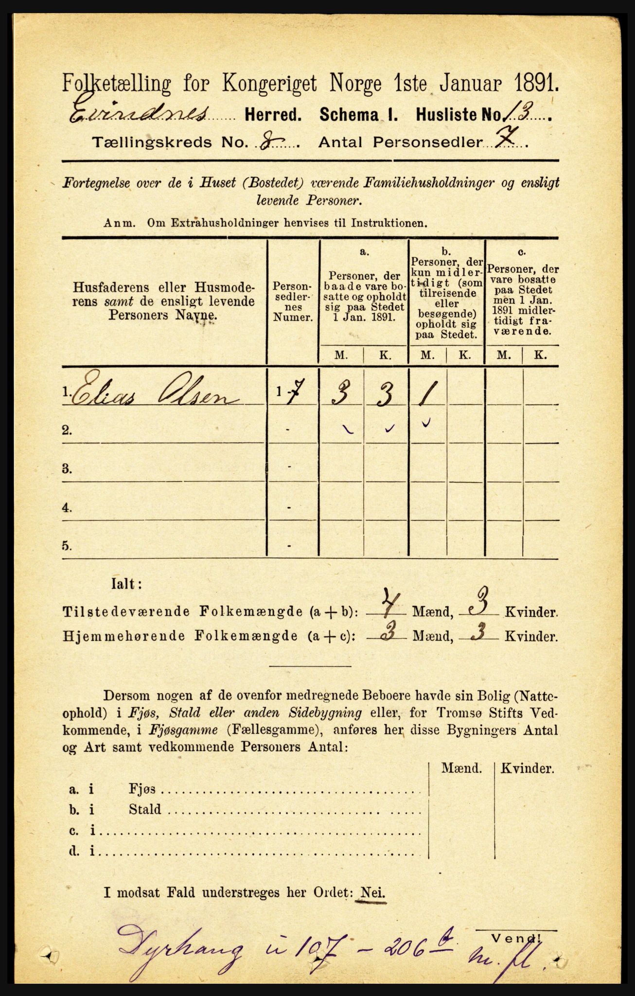 RA, 1891 census for 1853 Evenes, 1891, p. 2486