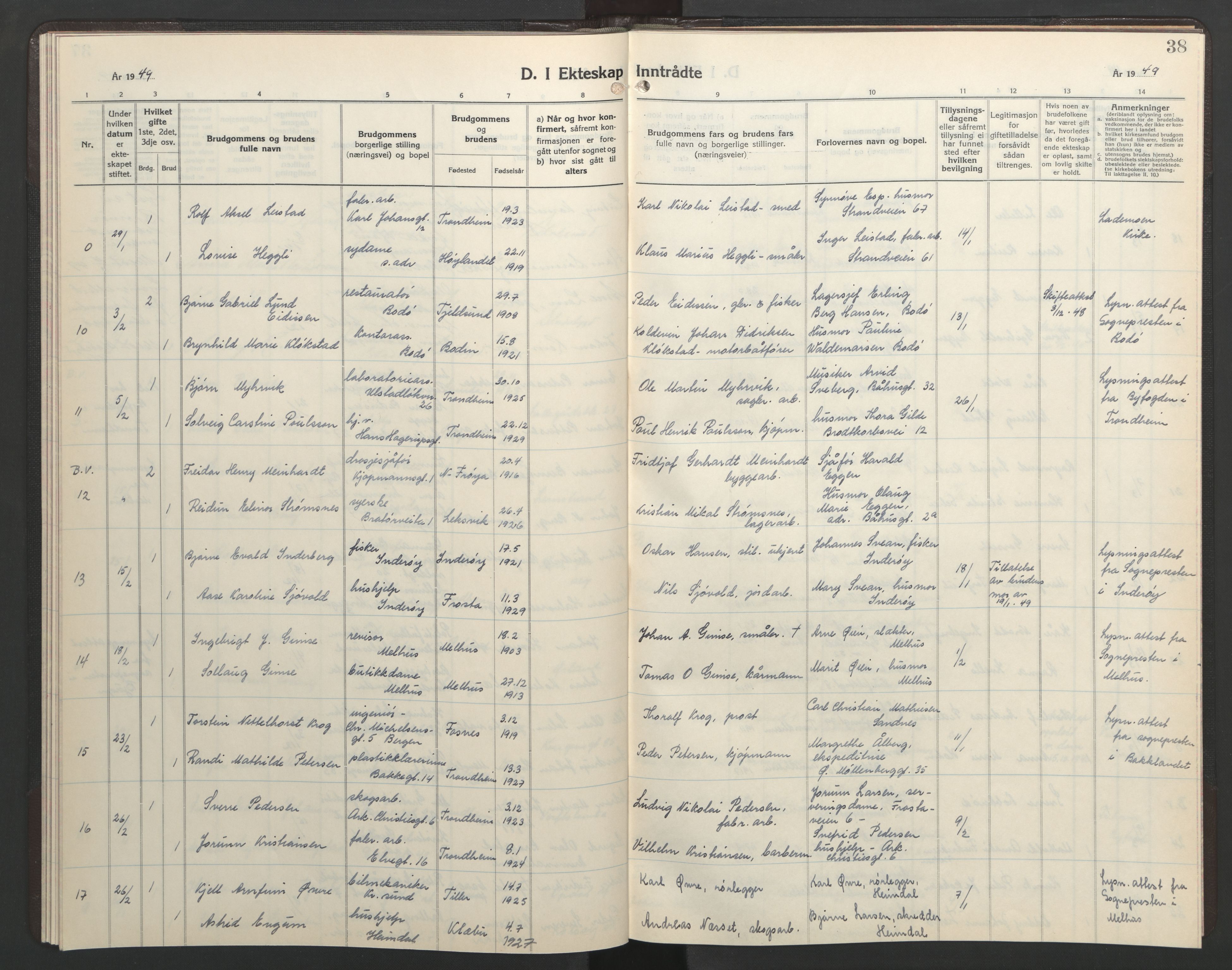 Ministerialprotokoller, klokkerbøker og fødselsregistre - Sør-Trøndelag, AV/SAT-A-1456/602/L0155: Parish register (copy) no. 602C23, 1947-1950, p. 38