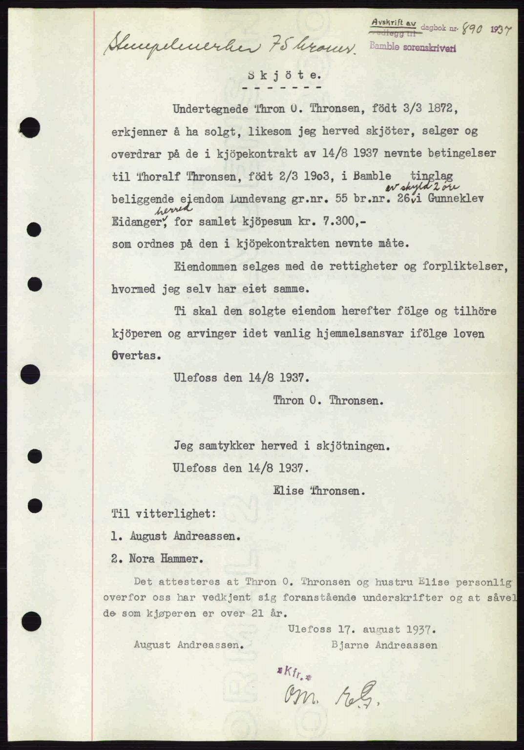 Bamble sorenskriveri, AV/SAKO-A-214/G/Ga/Gag/L0002: Mortgage book no. A-2, 1937-1938, Diary no: : 890/1937