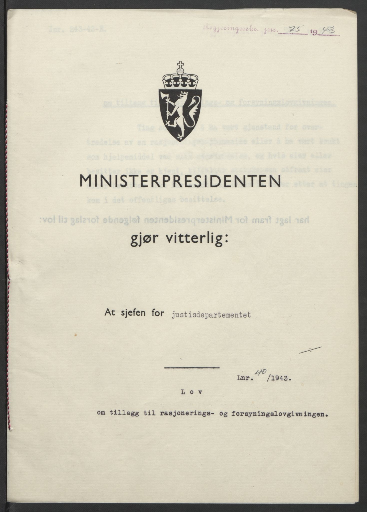 NS-administrasjonen 1940-1945 (Statsrådsekretariatet, de kommisariske statsråder mm), RA/S-4279/D/Db/L0099: Lover, 1943, p. 174
