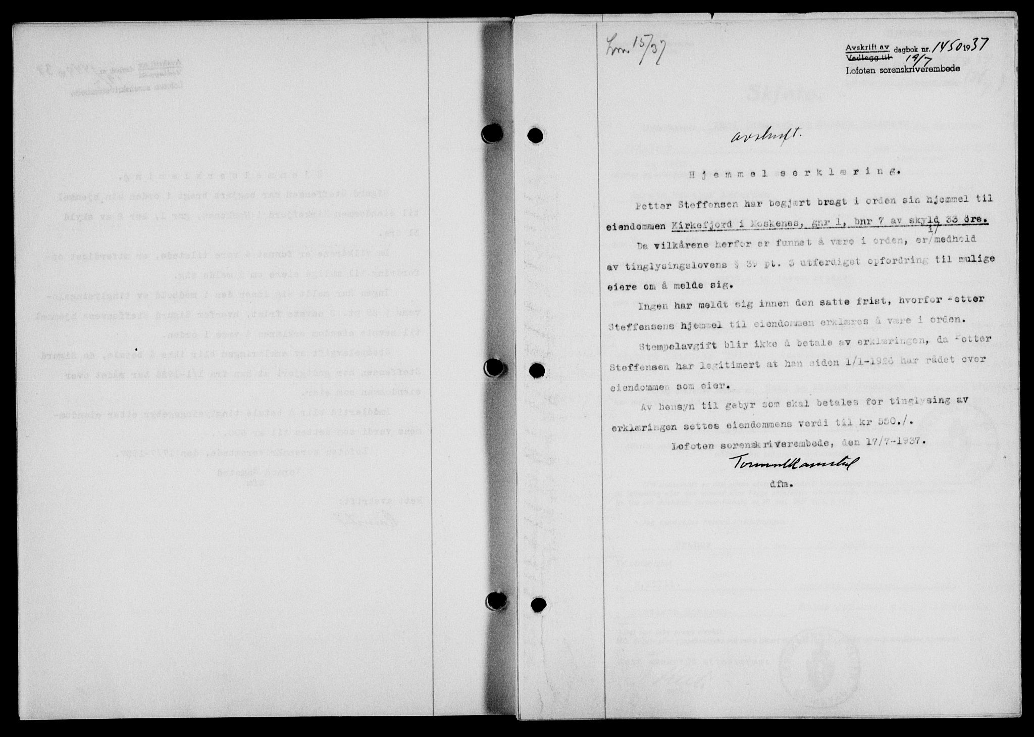 Lofoten sorenskriveri, SAT/A-0017/1/2/2C/L0002a: Mortgage book no. 2a, 1937-1937, Diary no: : 1450/1937