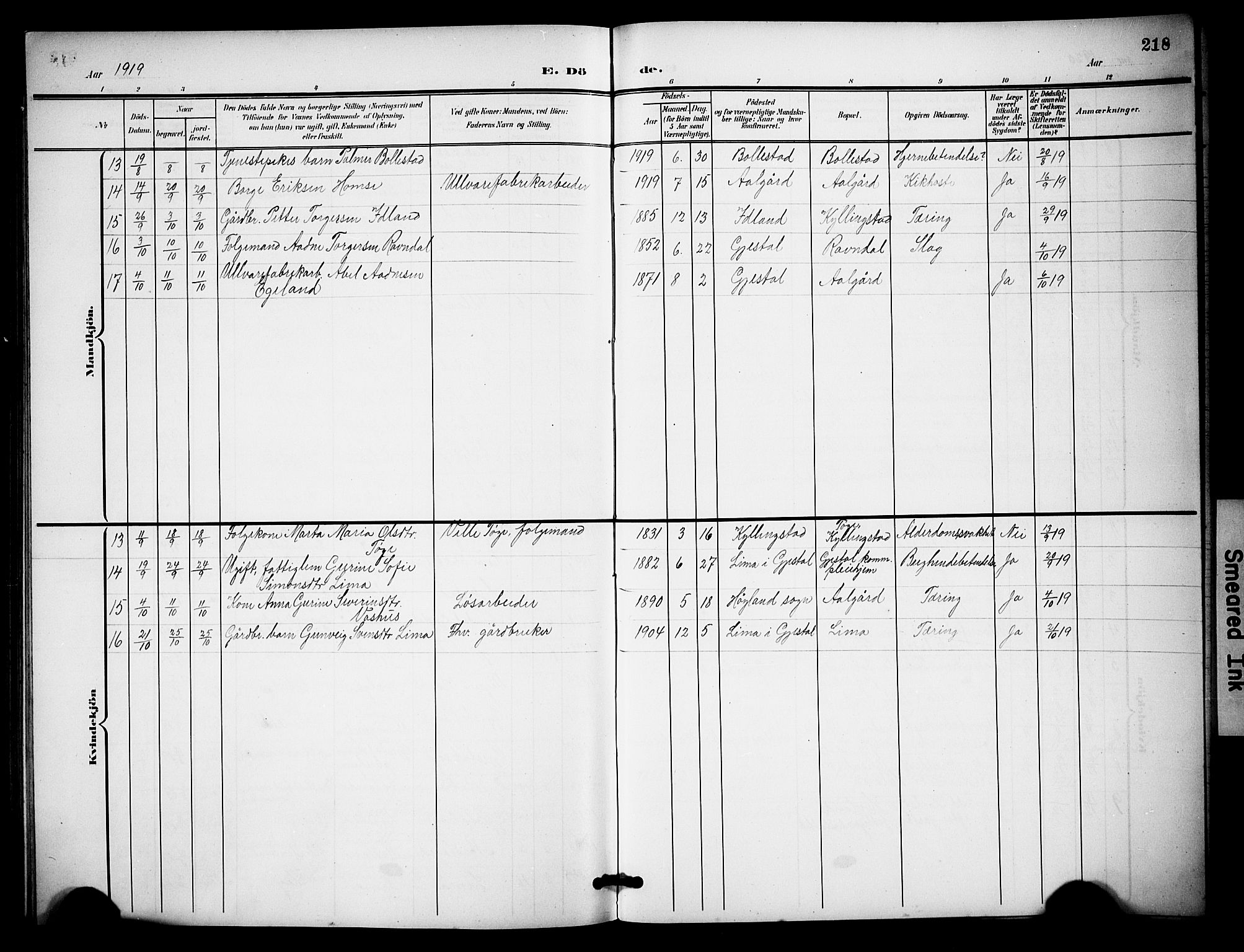 Lye sokneprestkontor, AV/SAST-A-101794/001/30BB/L0009: Parish register (copy) no. B 9, 1902-1923, p. 218