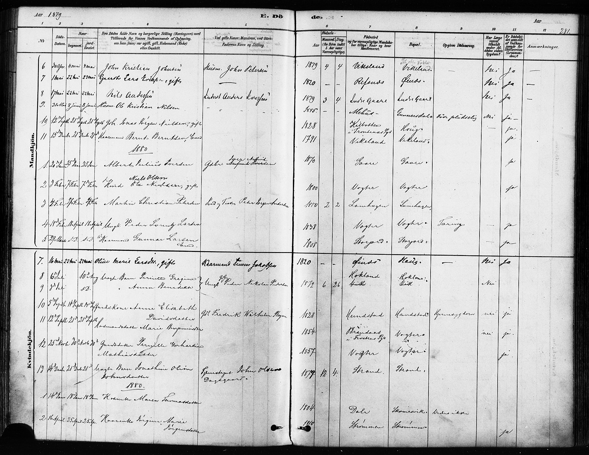 Kvæfjord sokneprestkontor, SATØ/S-1323/G/Ga/Gaa/L0005kirke: Parish register (official) no. 5, 1878-1894, p. 281