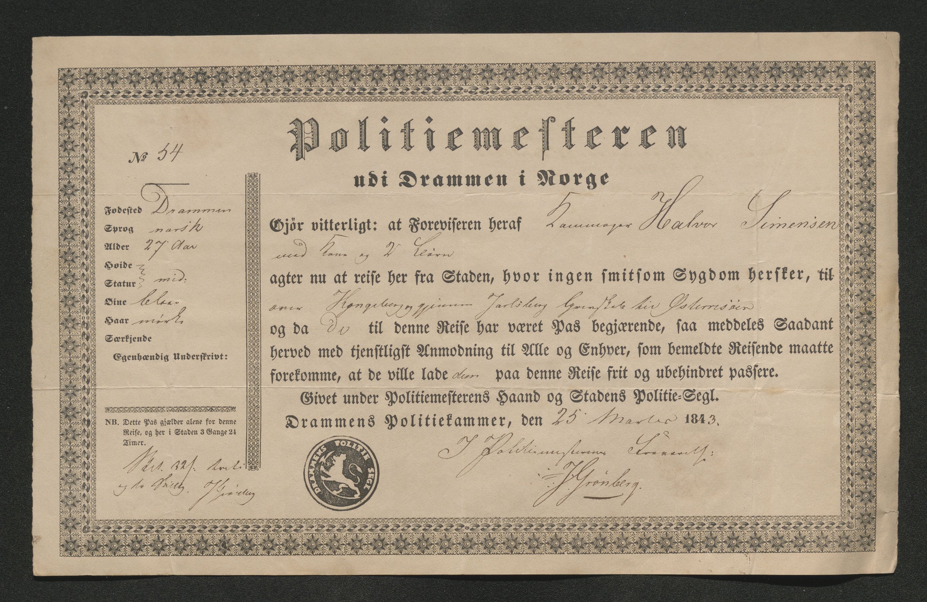 Drammen politikammer, AV/SAKO-A-623/I/Ia/Iab/L0007: Innleverte pass, 1843-1844, p. 158