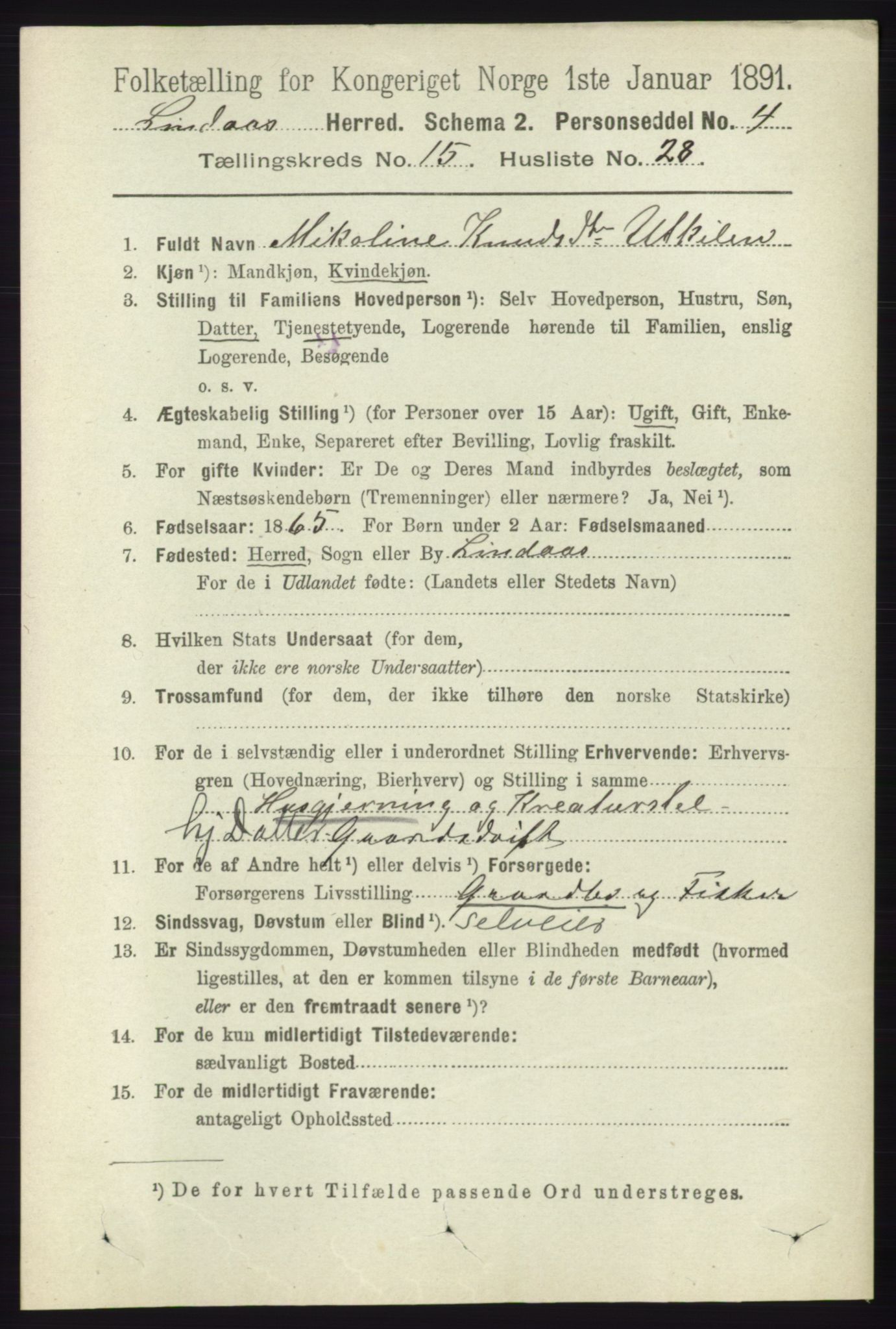 RA, 1891 census for 1263 Lindås, 1891, p. 5440