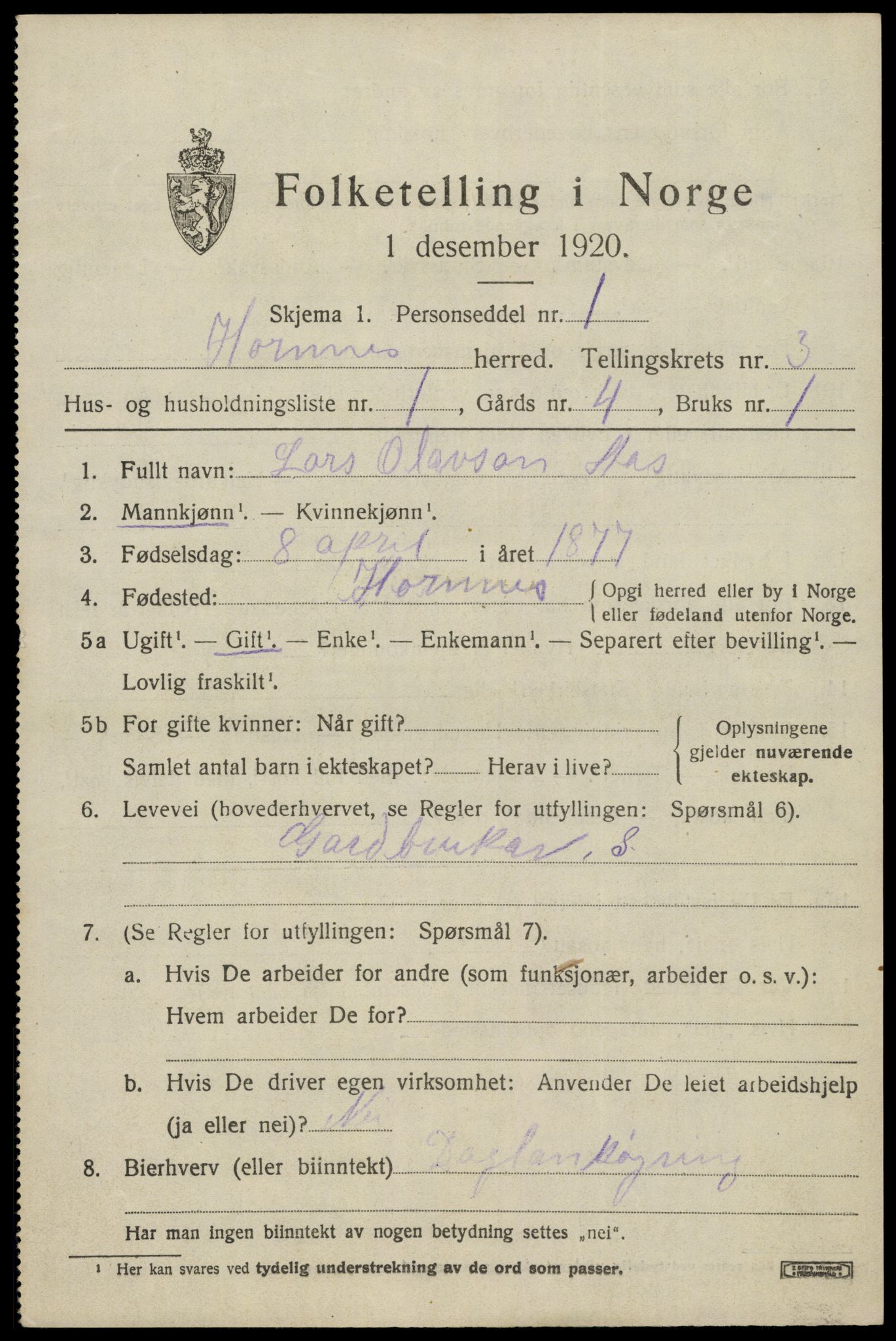 SAK, 1920 census for Hornnes, 1920, p. 803