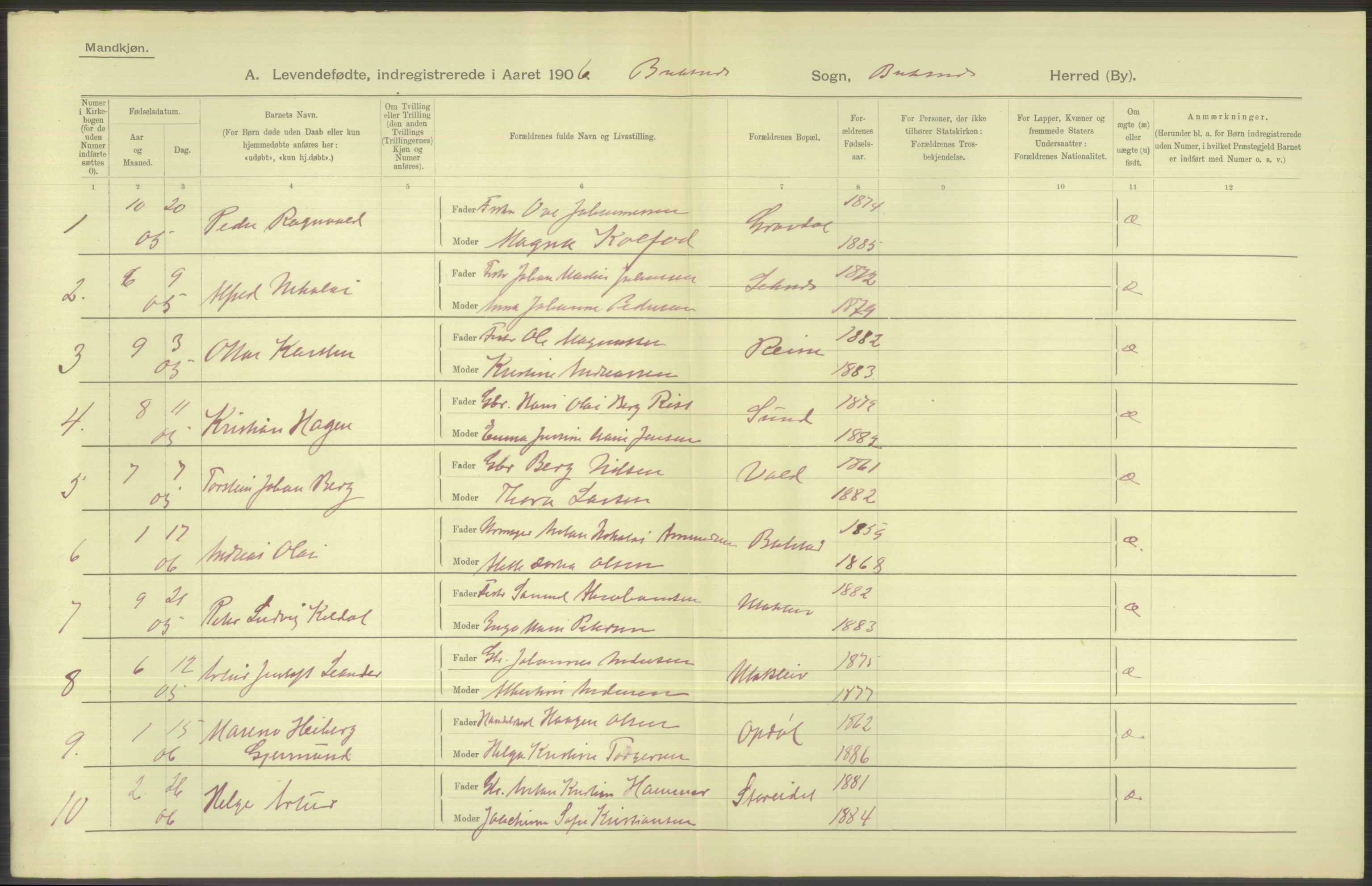 Statistisk sentralbyrå, Sosiodemografiske emner, Befolkning, AV/RA-S-2228/D/Df/Dfa/Dfad/L0044: Nordlands amt: Levendefødte menn og kvinner. Bygder., 1906, p. 144