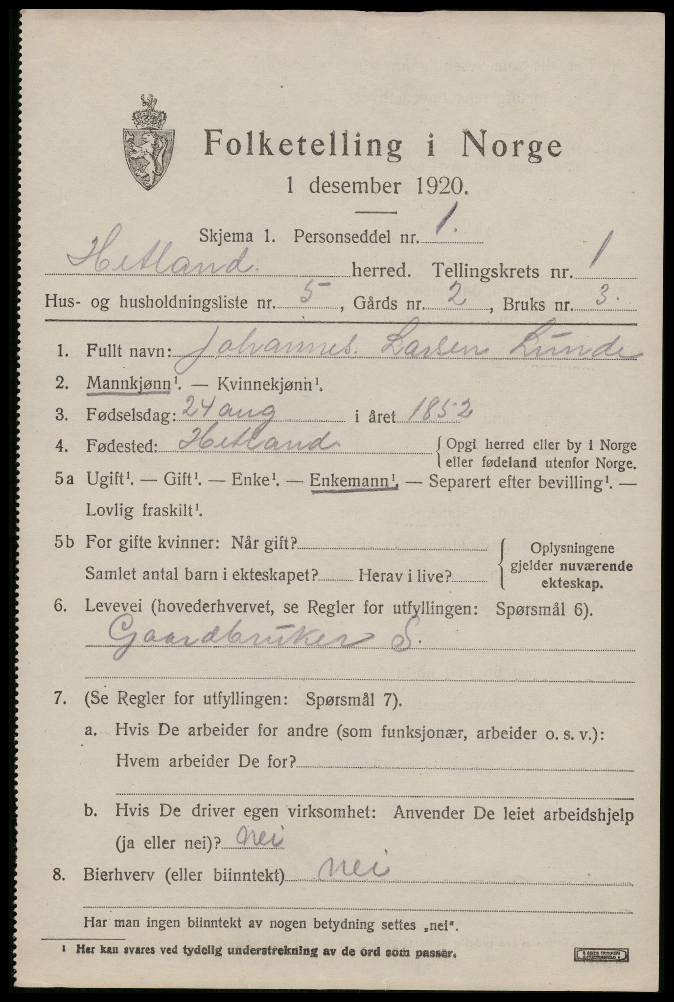 SAST, 1920 census for Hetland, 1920, p. 3611