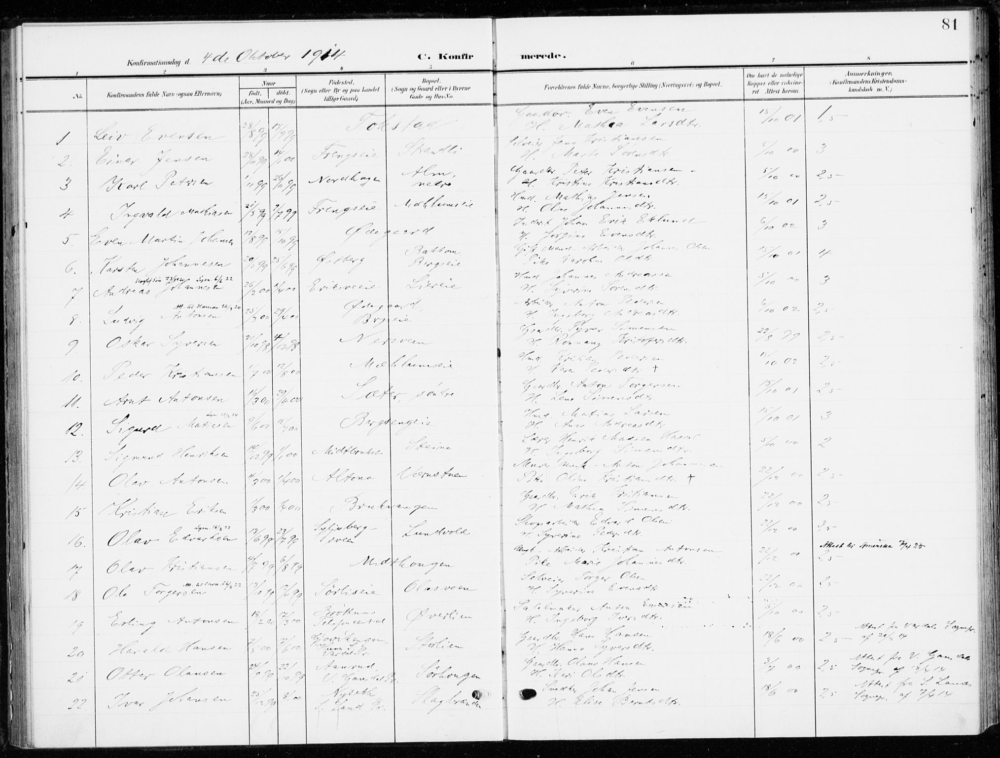 Ringsaker prestekontor, SAH/PREST-014/K/Ka/L0021: Parish register (official) no. 21, 1905-1920, p. 81