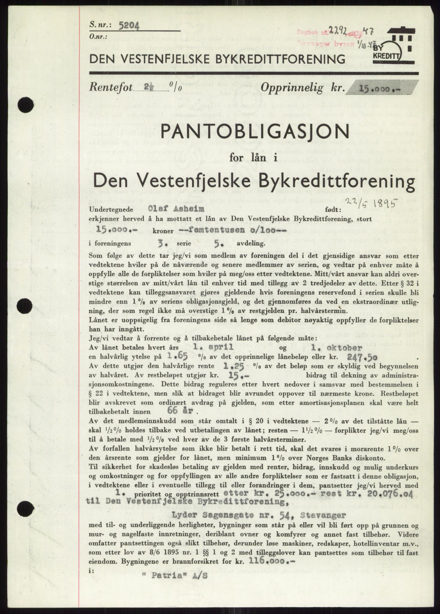 Stavanger byrett, SAST/A-100455/002/G/Gb/L0032: Mortgage book, 1947-1950, Diary no: : 2292/1947