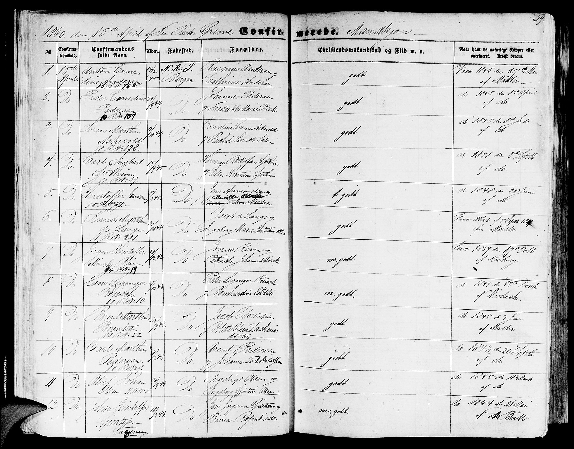 Domkirken sokneprestembete, SAB/A-74801/H/Hab/L0023: Parish register (copy) no. C 3, 1854-1880, p. 39