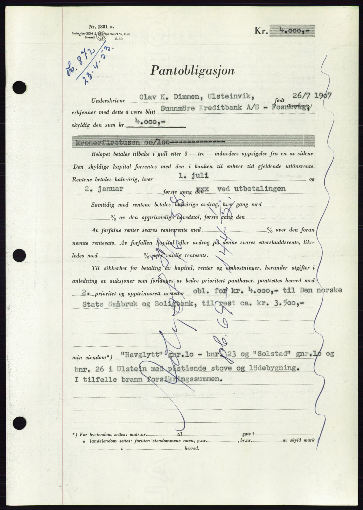 Søre Sunnmøre sorenskriveri, AV/SAT-A-4122/1/2/2C/L0123: Mortgage book no. 11B, 1953-1953, Diary no: : 872/1953