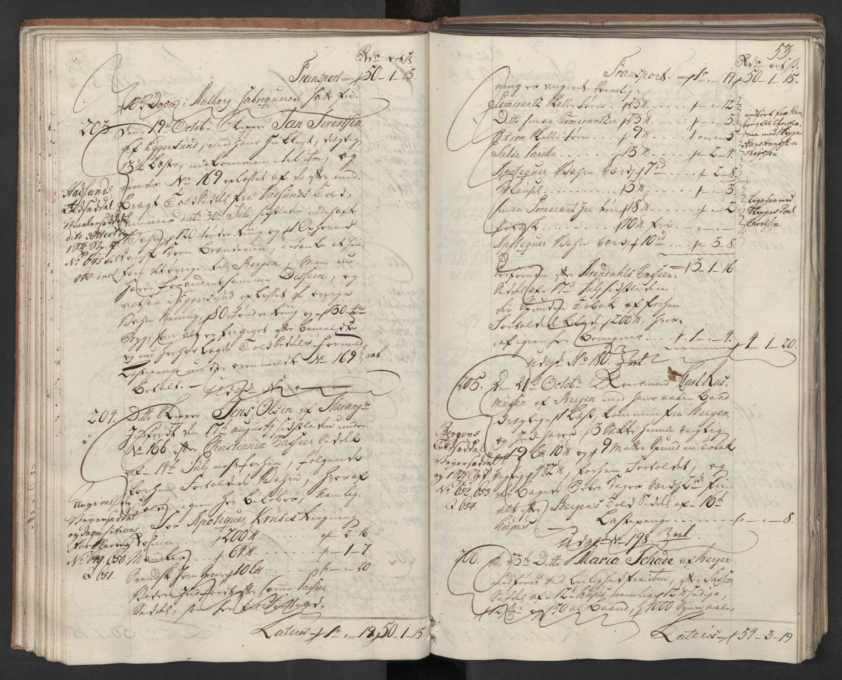 Generaltollkammeret, tollregnskaper, AV/RA-EA-5490/R22/L0024/0001: Tollregnskaper Stavanger / Hovedtollbok, 1762, p. 52b-53a