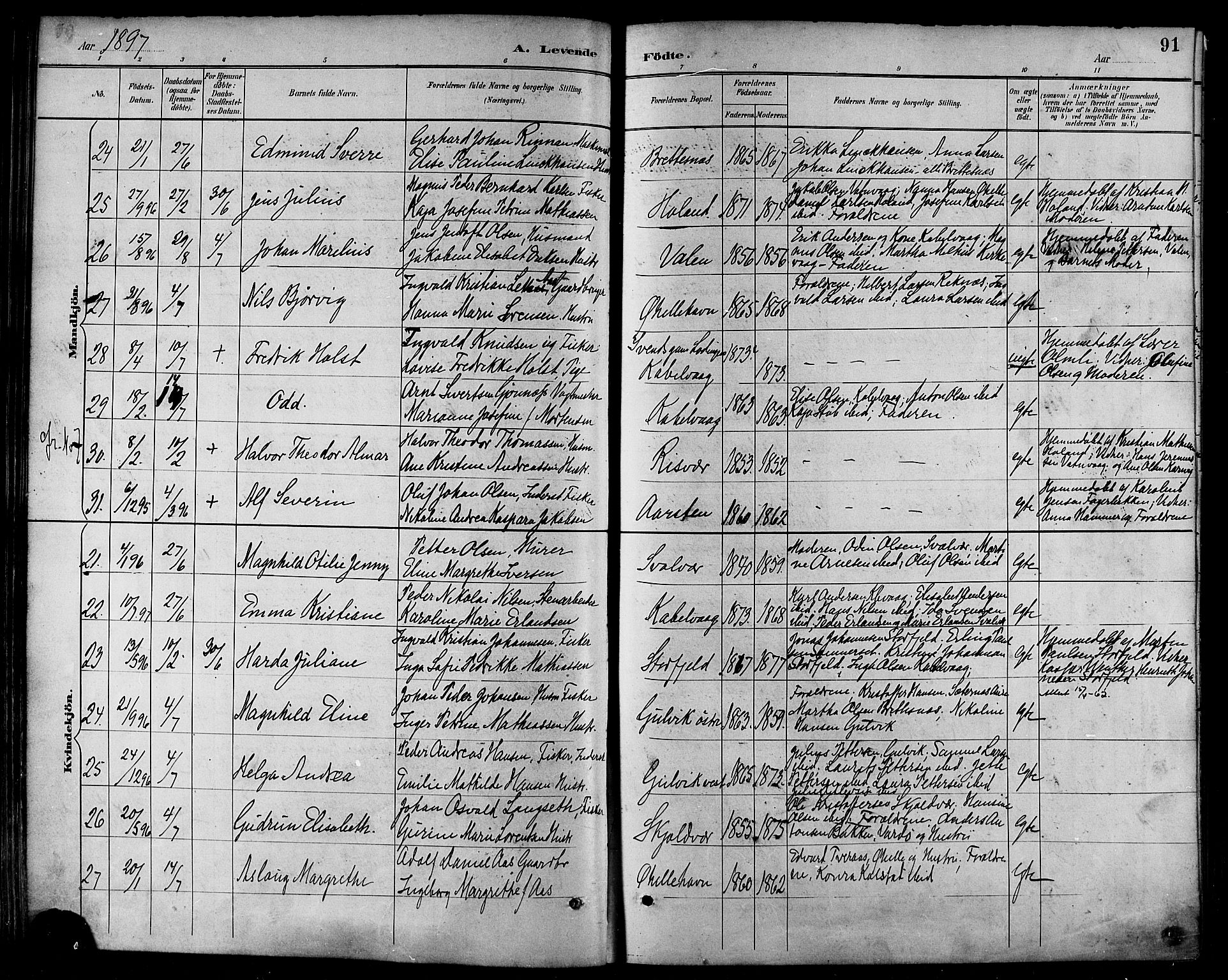 Ministerialprotokoller, klokkerbøker og fødselsregistre - Nordland, AV/SAT-A-1459/874/L1060: Parish register (official) no. 874A04, 1890-1899, p. 91