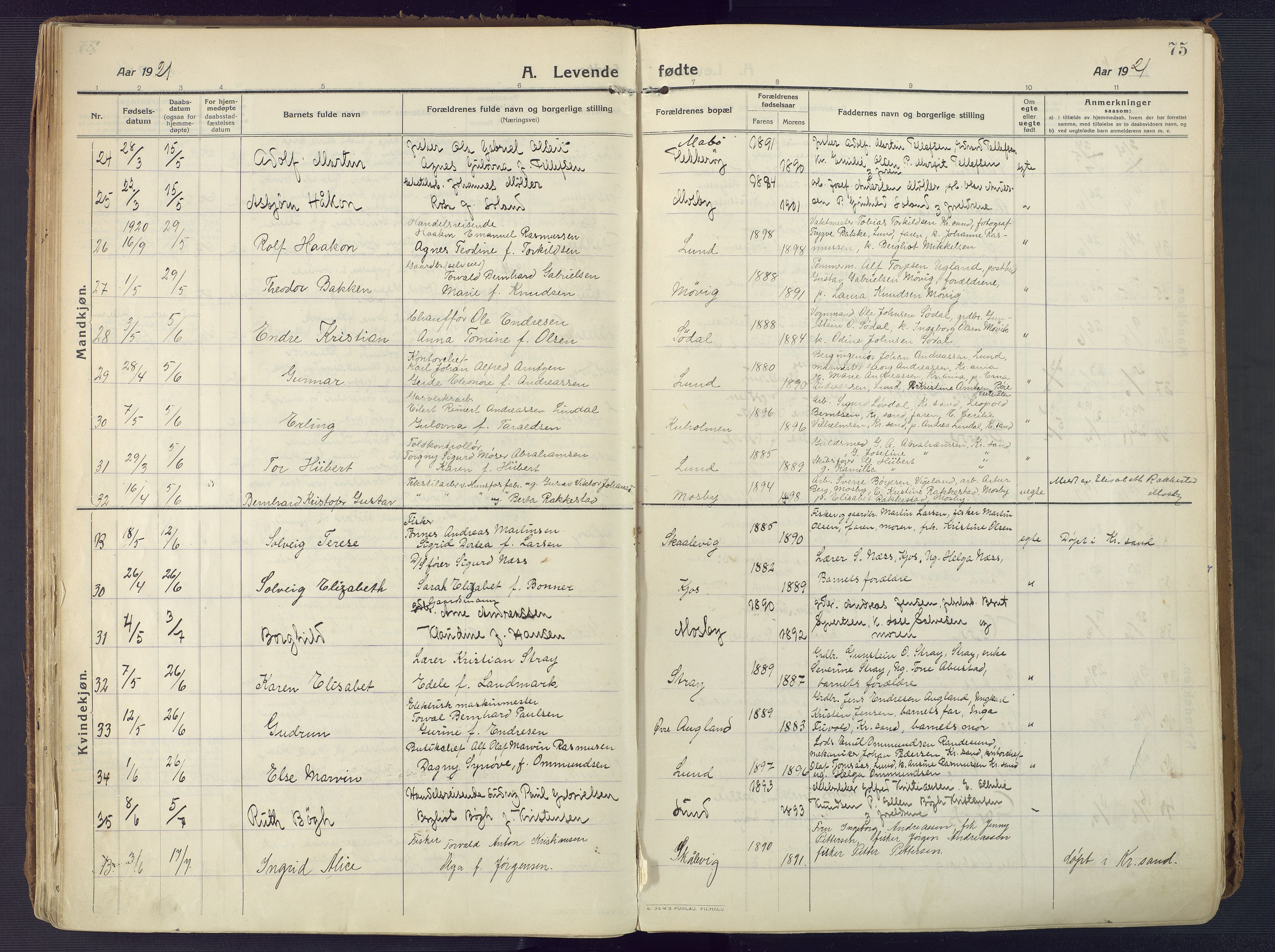 Oddernes sokneprestkontor, AV/SAK-1111-0033/F/Fa/Faa/L0012: Parish register (official) no. A 12, 1912-1925, p. 75