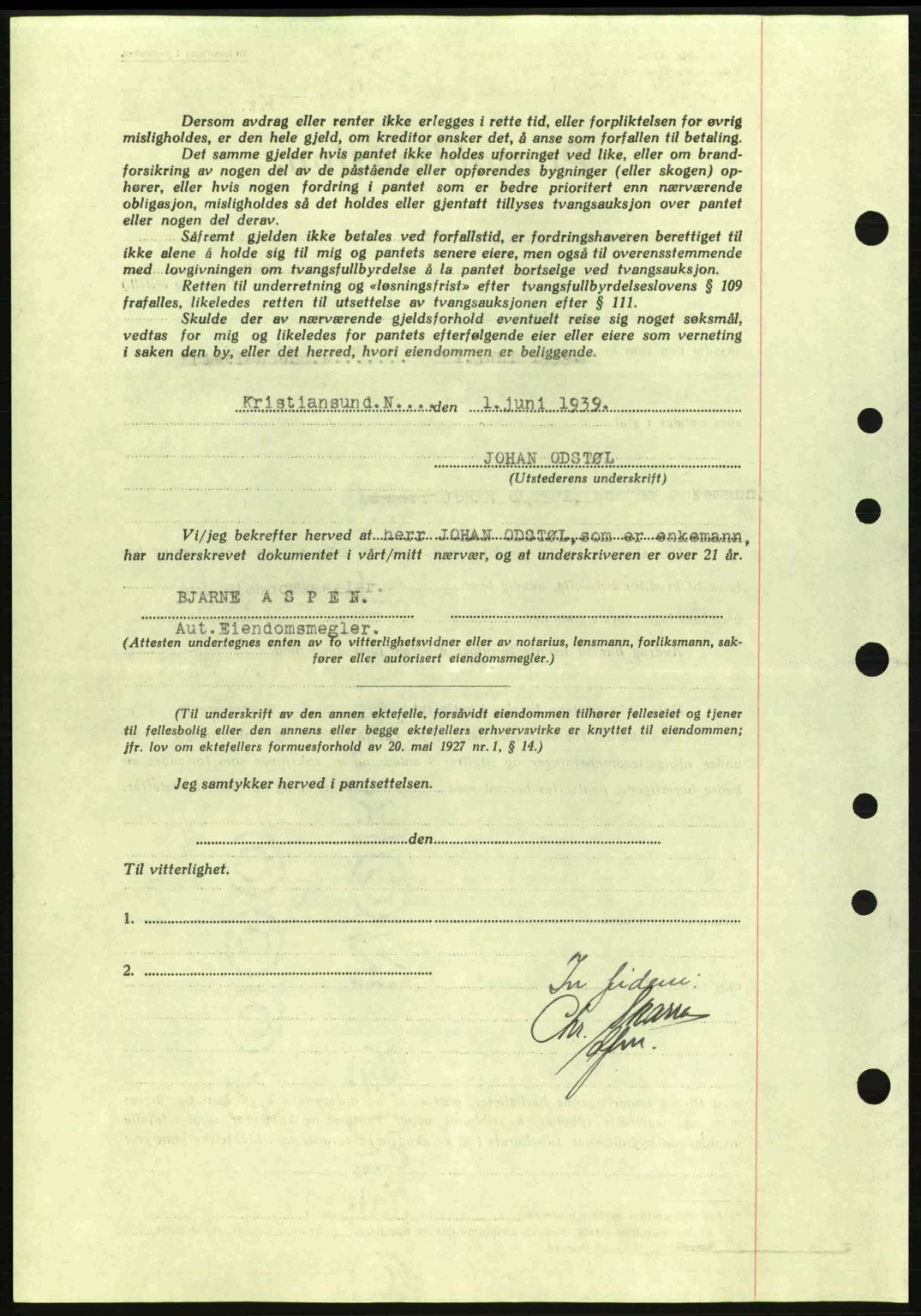 Kristiansund byfogd, SAT/A-4587/A/27: Mortgage book no. 31, 1938-1939, Diary no: : 439/1939