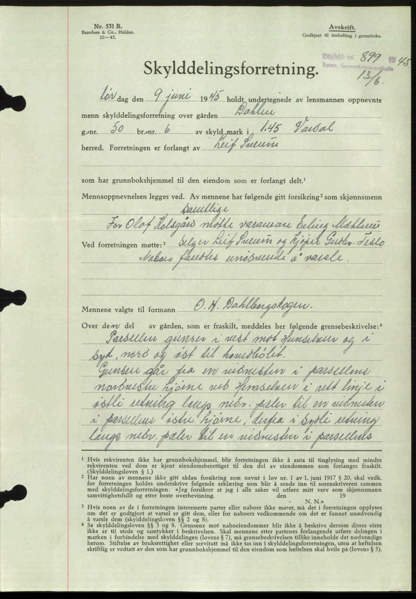 Toten tingrett, SAH/TING-006/H/Hb/Hbc/L0013: Mortgage book no. Hbc-13, 1945-1945, Diary no: : 899/1945