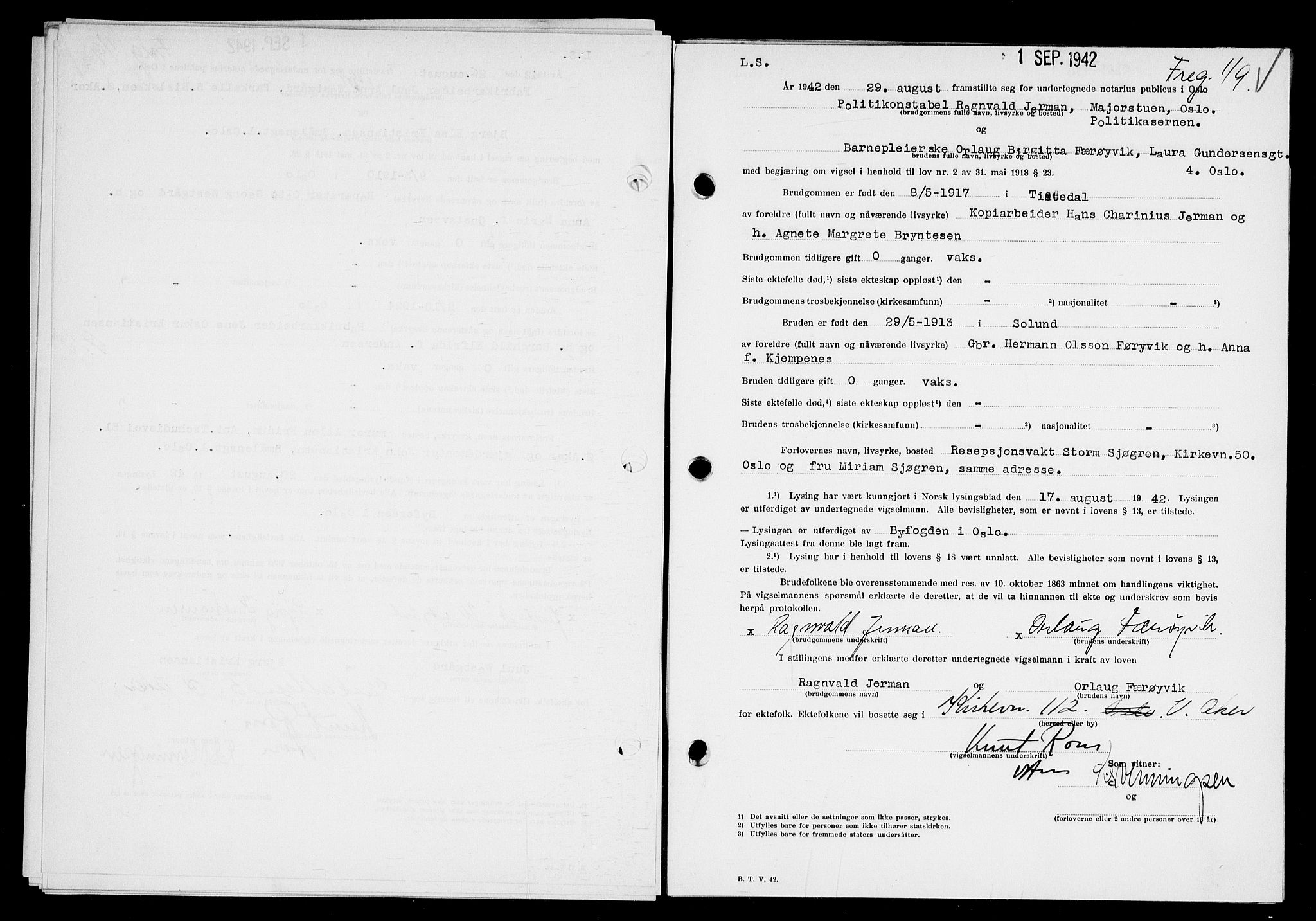 Oslo byfogd avd. I, AV/SAO-A-10220/L/Lb/Lbb/L0041: Notarialprotokoll, rekke II: Vigsler, 1942