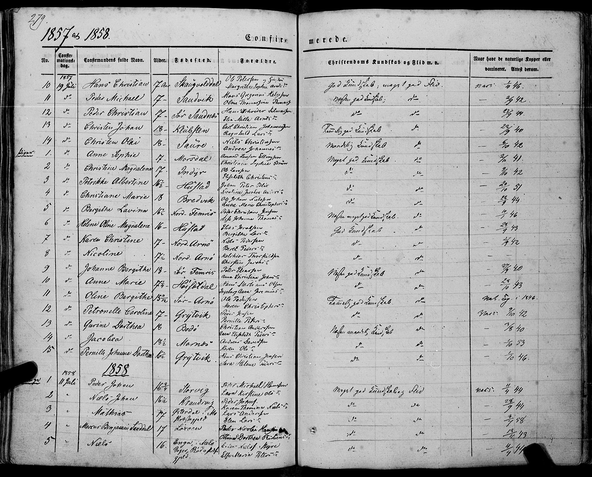 Ministerialprotokoller, klokkerbøker og fødselsregistre - Nordland, AV/SAT-A-1459/805/L0097: Parish register (official) no. 805A04, 1837-1861, p. 279