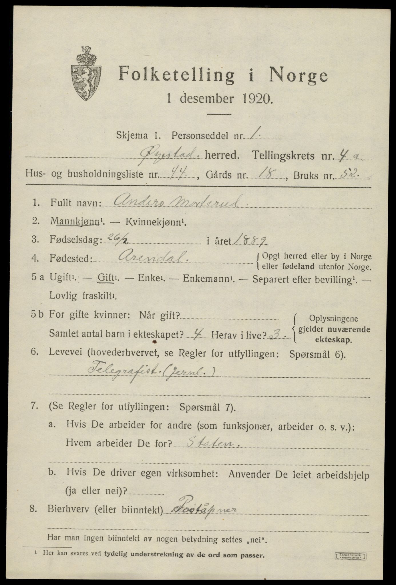 SAK, 1920 census for Øyestad, 1920, p. 3602