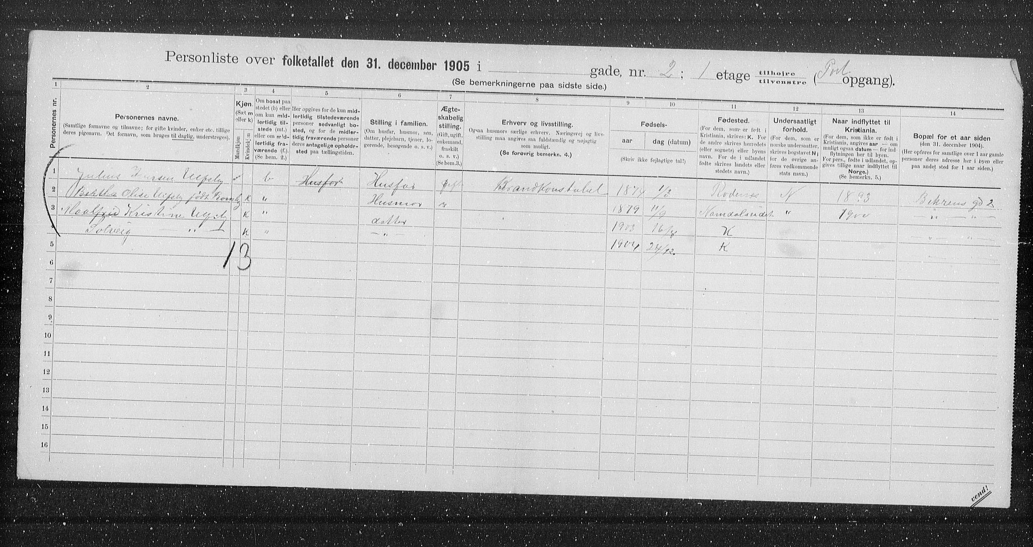 OBA, Municipal Census 1905 for Kristiania, 1905, p. 1713