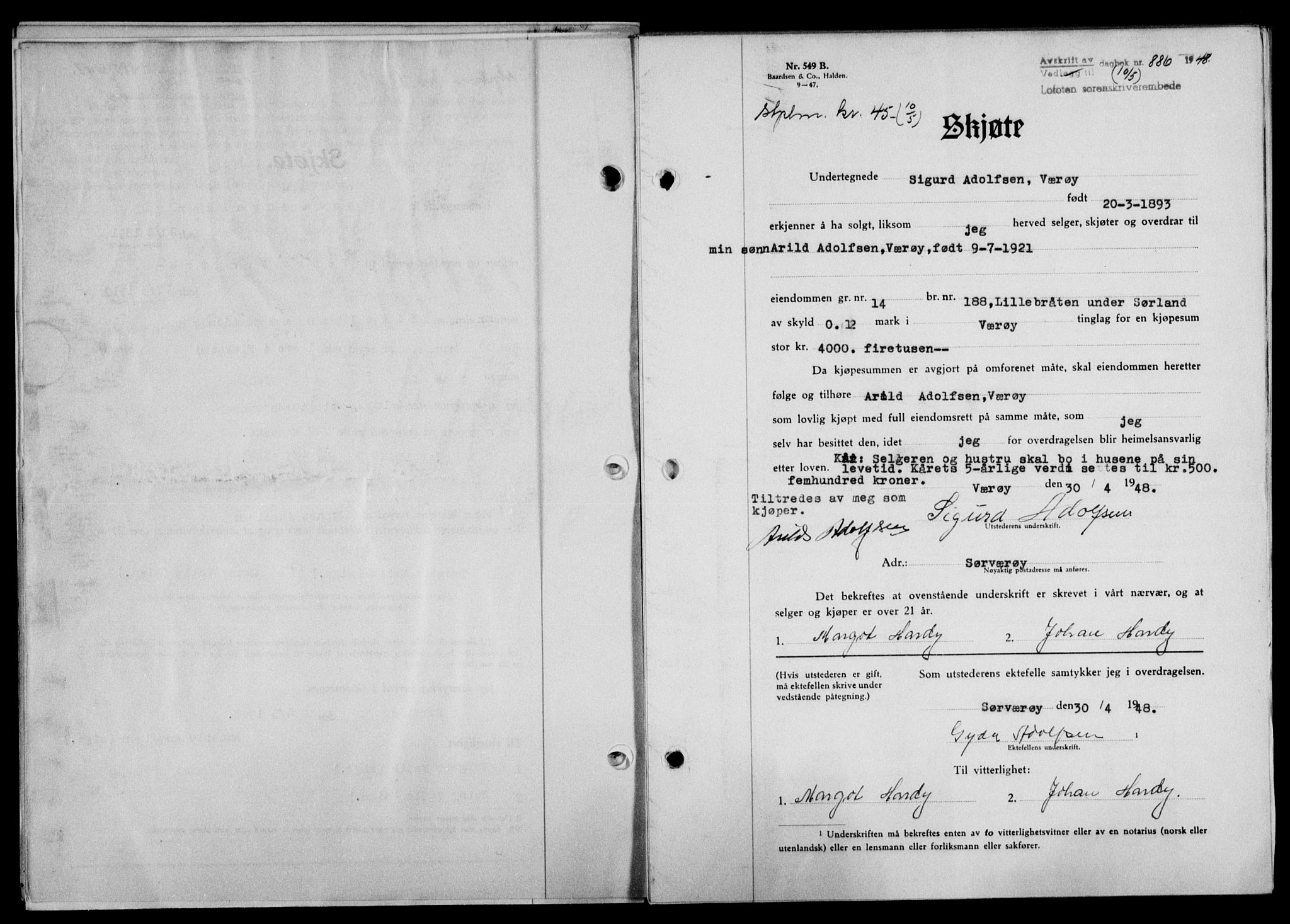 Lofoten sorenskriveri, SAT/A-0017/1/2/2C/L0018a: Mortgage book no. 18a, 1948-1948, Diary no: : 886/1948
