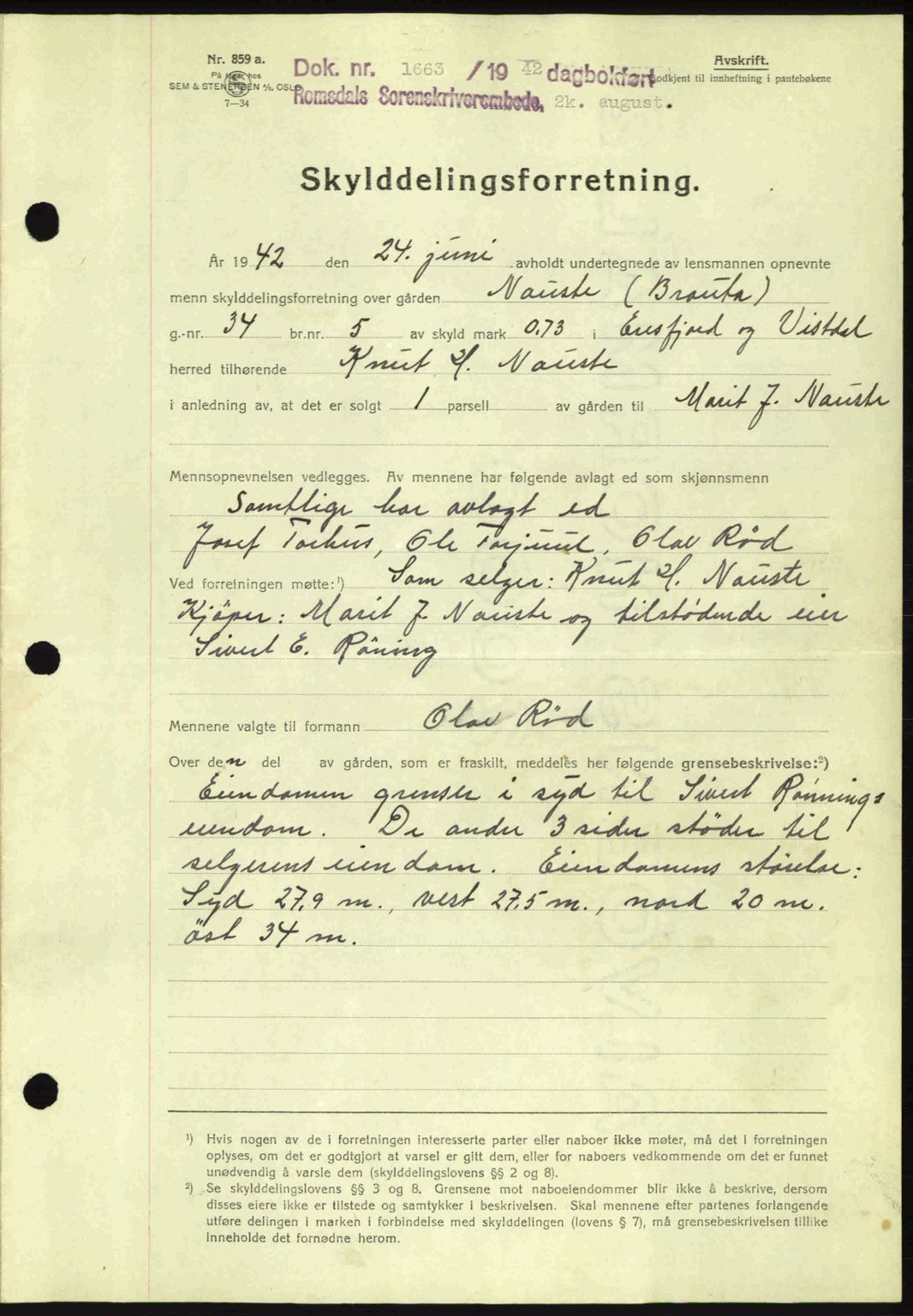 Romsdal sorenskriveri, AV/SAT-A-4149/1/2/2C: Mortgage book no. A12, 1942-1942, Diary no: : 1663/1942