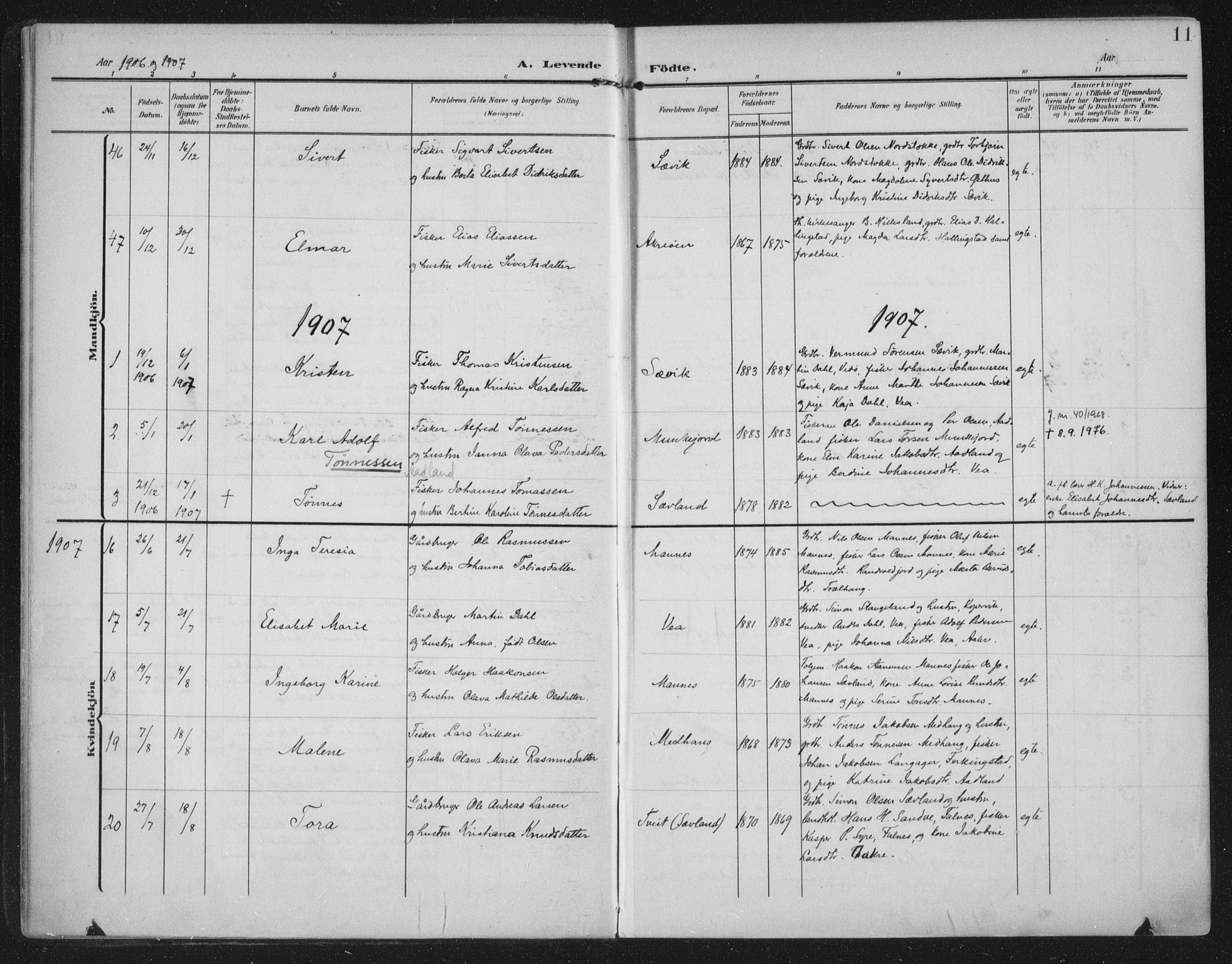 Kopervik sokneprestkontor, AV/SAST-A-101850/H/Ha/Haa/L0005: Parish register (official) no. A 5, 1906-1924, p. 11