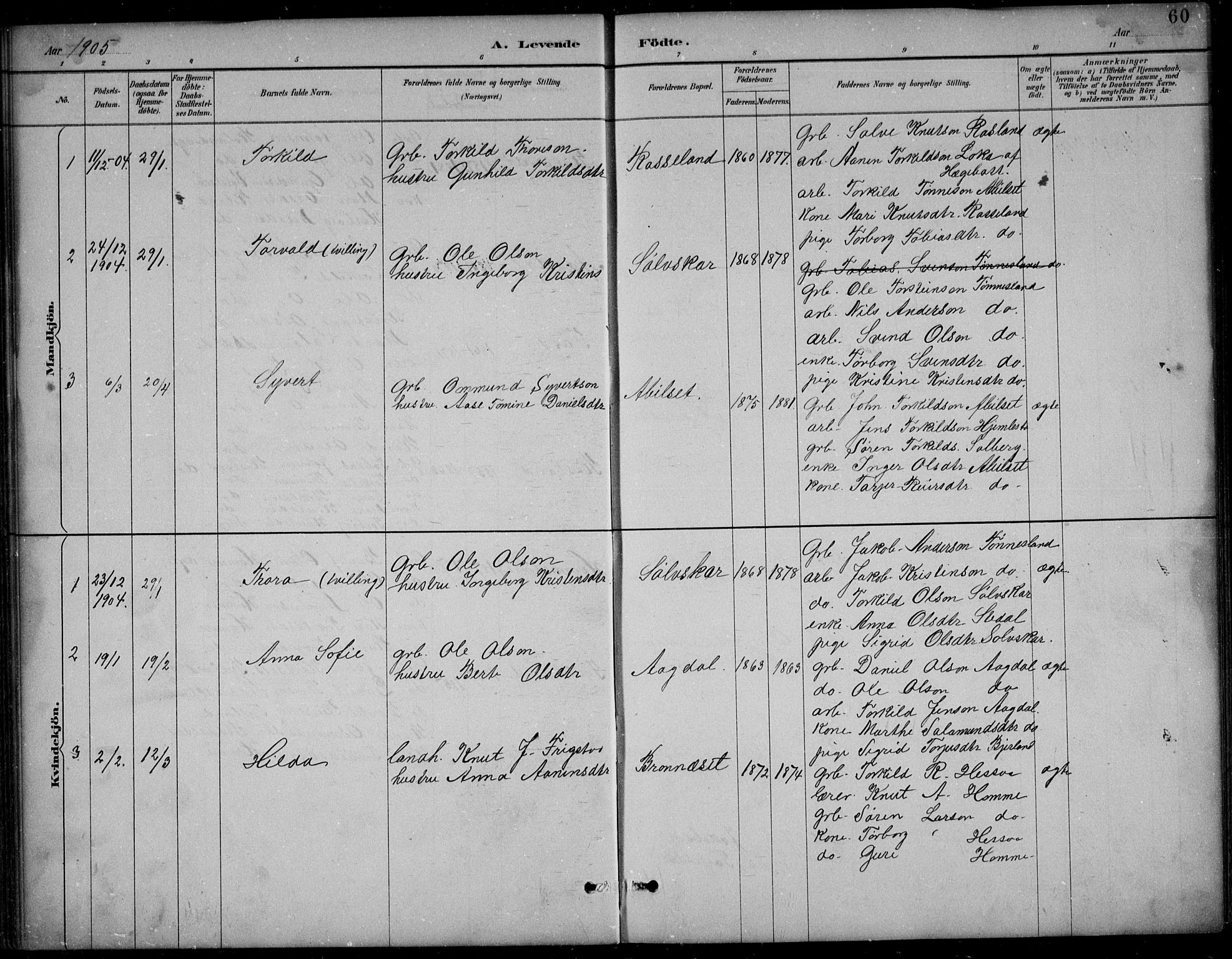 Bjelland sokneprestkontor, SAK/1111-0005/F/Fb/Fba/L0005: Parish register (copy) no. B 5, 1887-1923, p. 60