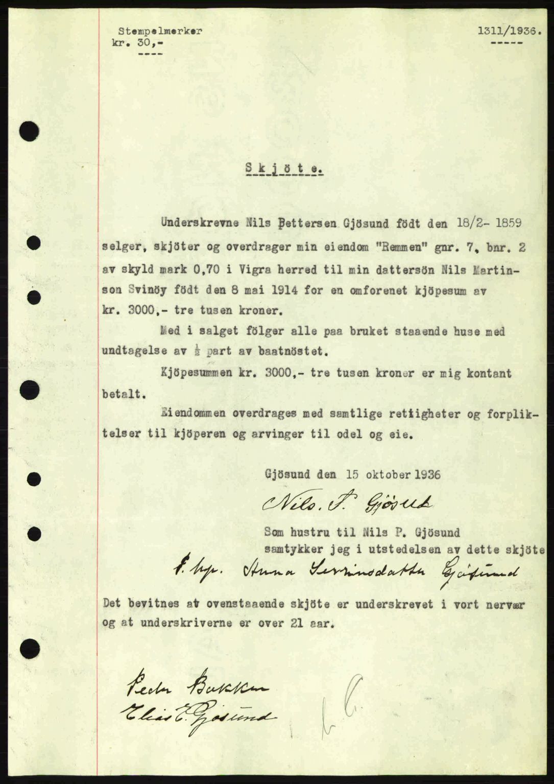 Nordre Sunnmøre sorenskriveri, AV/SAT-A-0006/1/2/2C/2Ca: Mortgage book no. A2, 1936-1937, Diary no: : 1311/1936