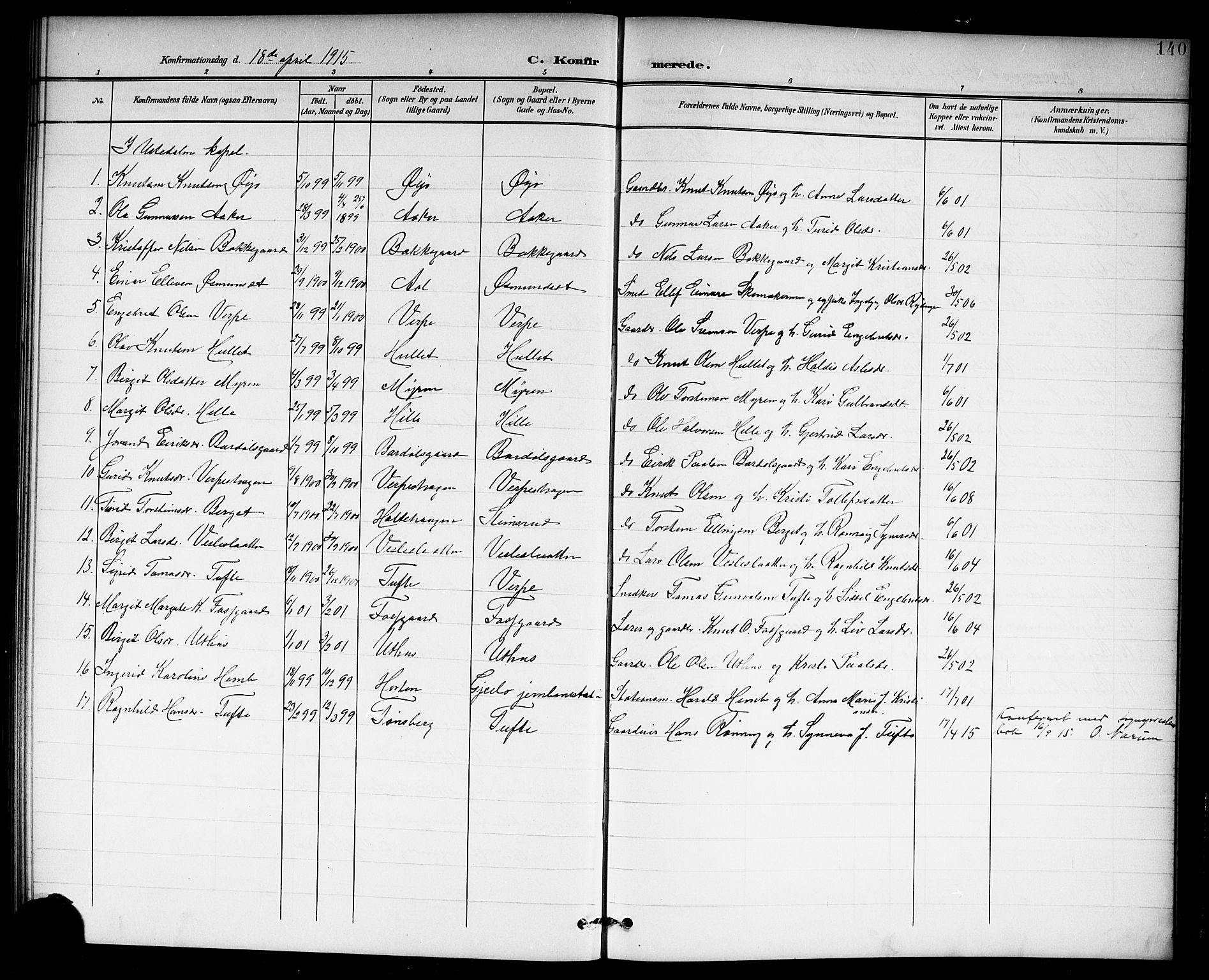 Hol kirkebøker, SAKO/A-227/G/Ga/L0001: Parish register (copy) no. I 1, 1900-1919, p. 140