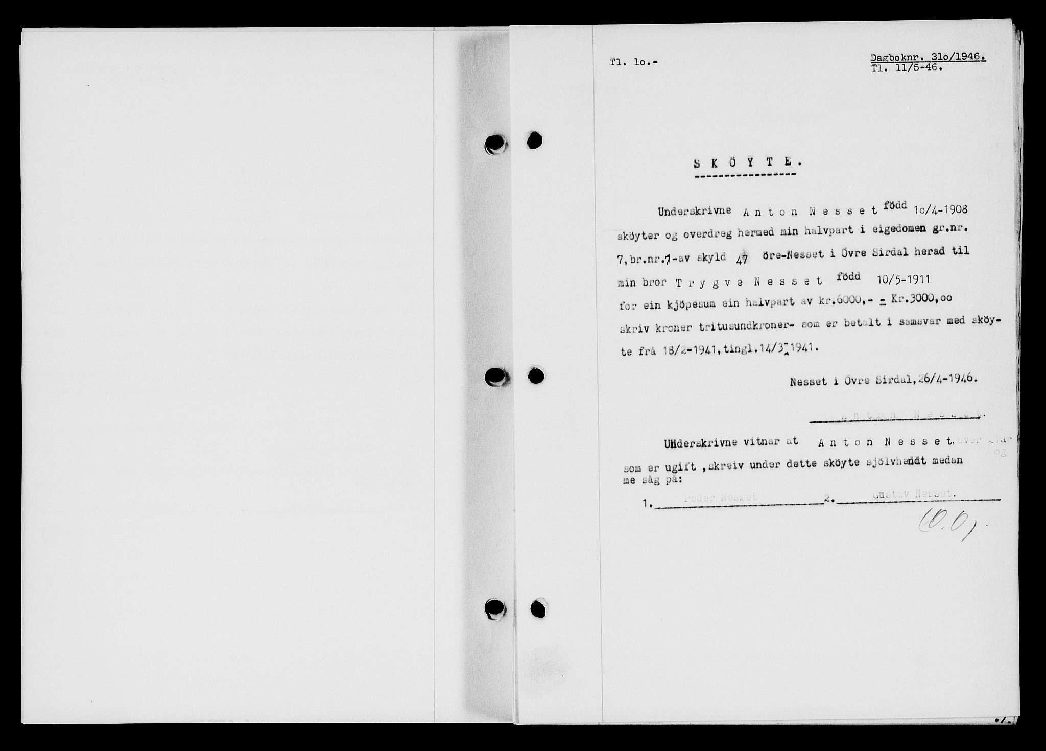 Flekkefjord sorenskriveri, AV/SAK-1221-0001/G/Gb/Gba/L0060: Mortgage book no. A-8, 1945-1946, Diary no: : 310/1946