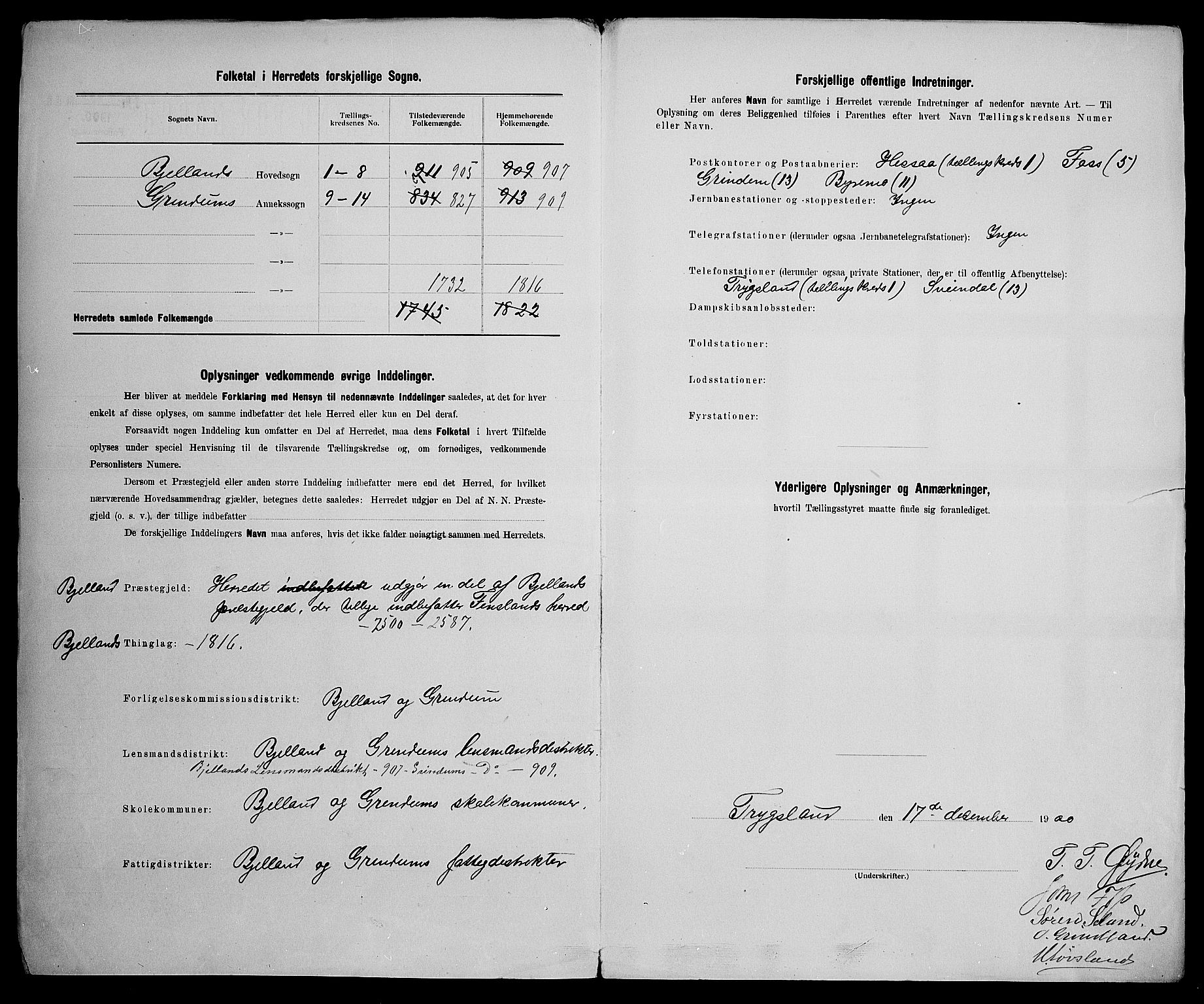 SAK, 1900 census for Bjelland og Grindheim, 1900, p. 3