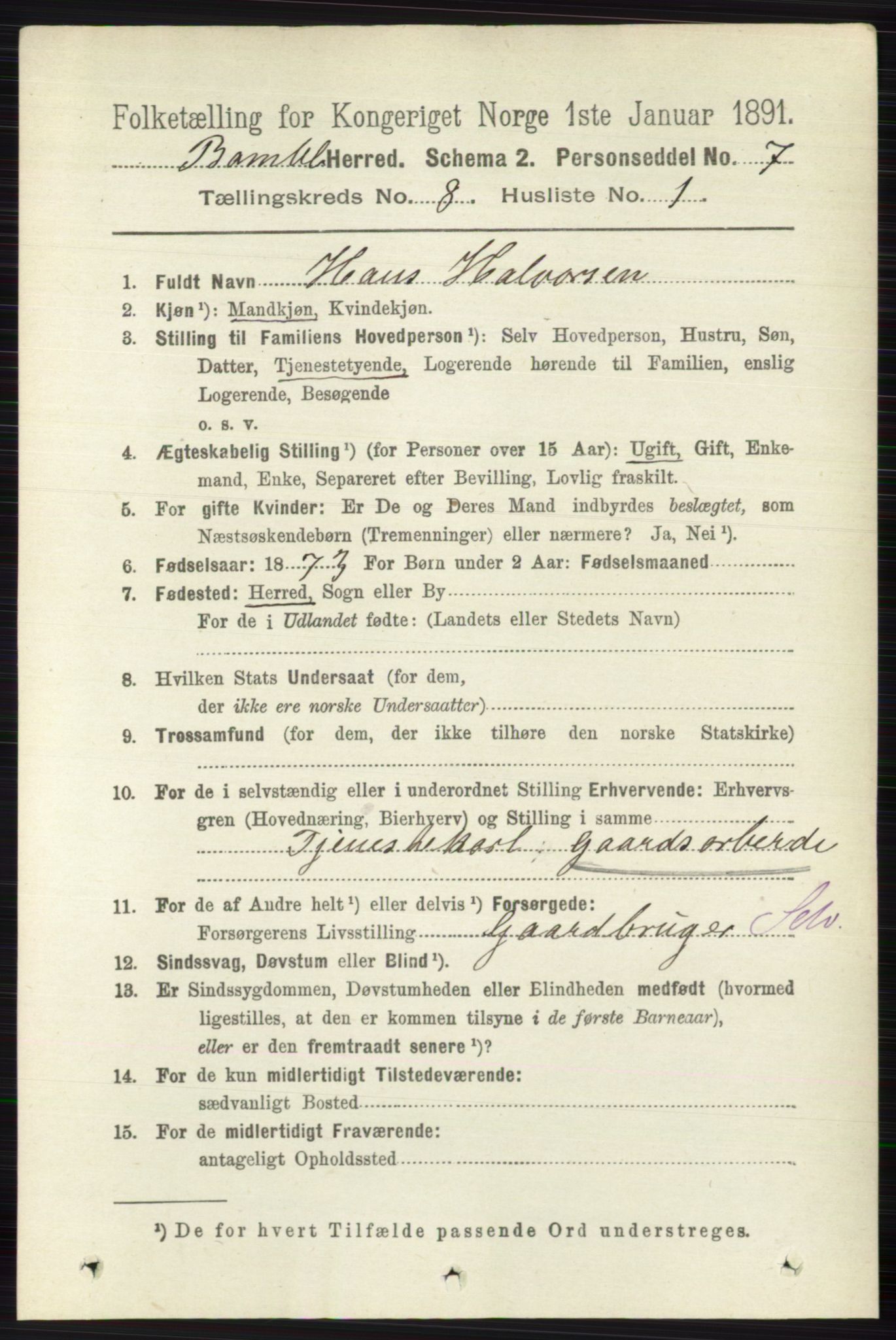 RA, 1891 census for 0814 Bamble, 1891, p. 3501