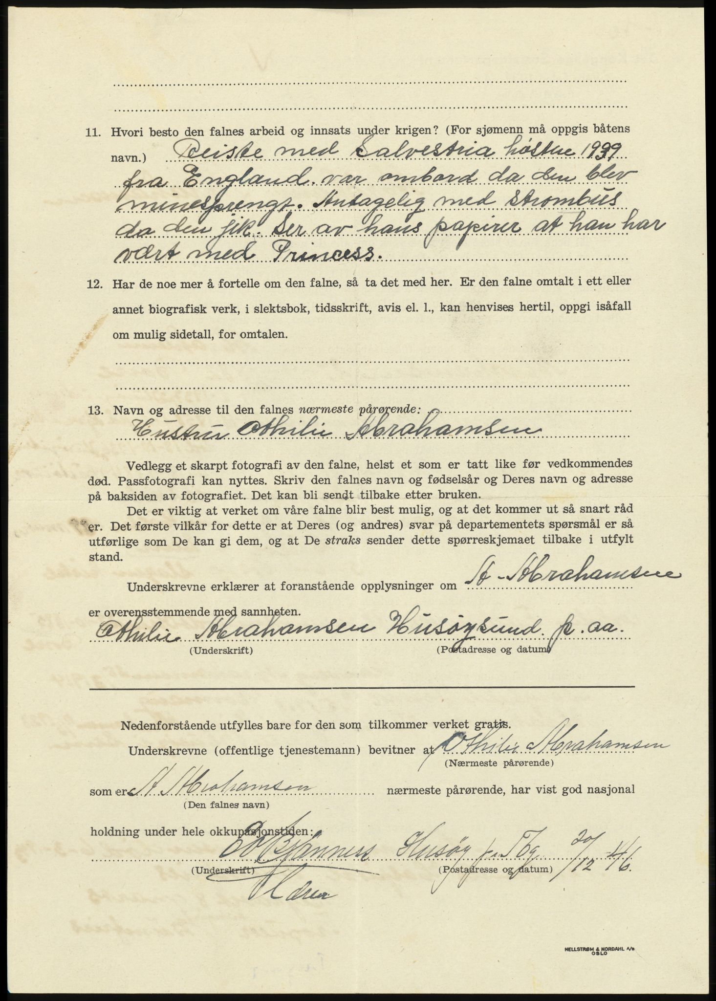 Sosialdepartementet, Våre Falne, AV/RA-S-1708/E/Ee/L0025: Personmapper: Abelsen 01 - Amundsen, H. 65, 1945-1951, p. 76